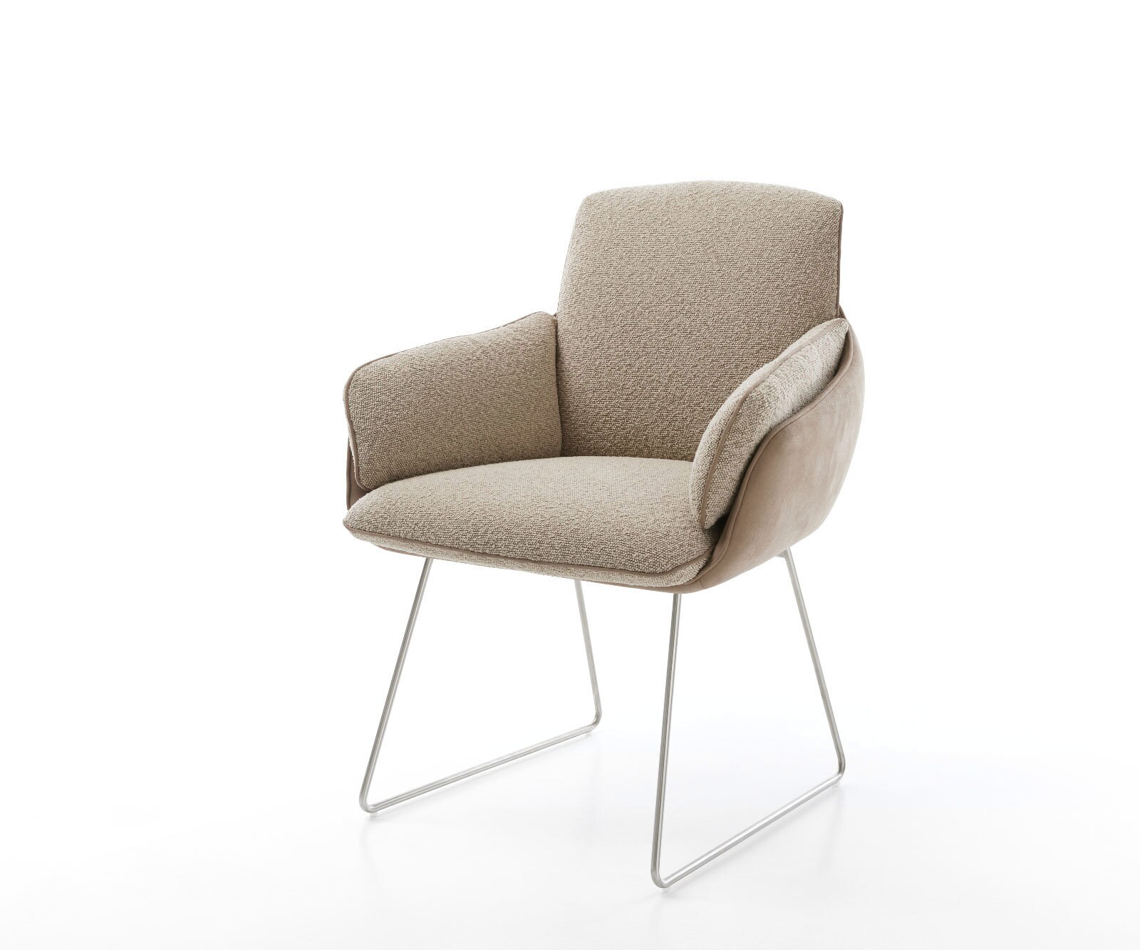 Chaise-de-salle-à-manger Luan-Flex avec accoudoirs tissu mixte couleur boue pied trapèze acier inoxydable brossé