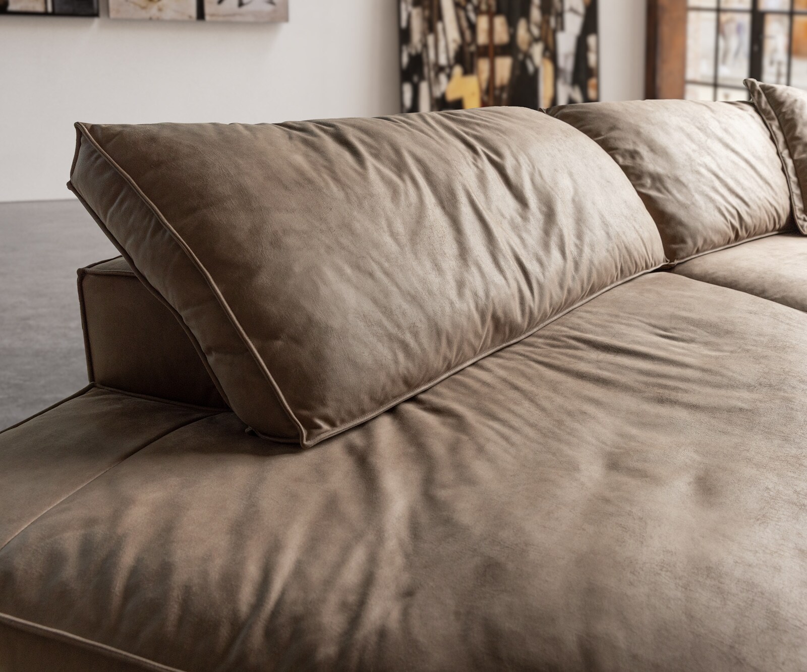 Canapé Snoosh 400x150 cm microfibre taupe vintage avec méridienne à gauche 4 Canapé Snoosh 400x150 cm microfibre taupe vintage avec méridienne à gauche 4