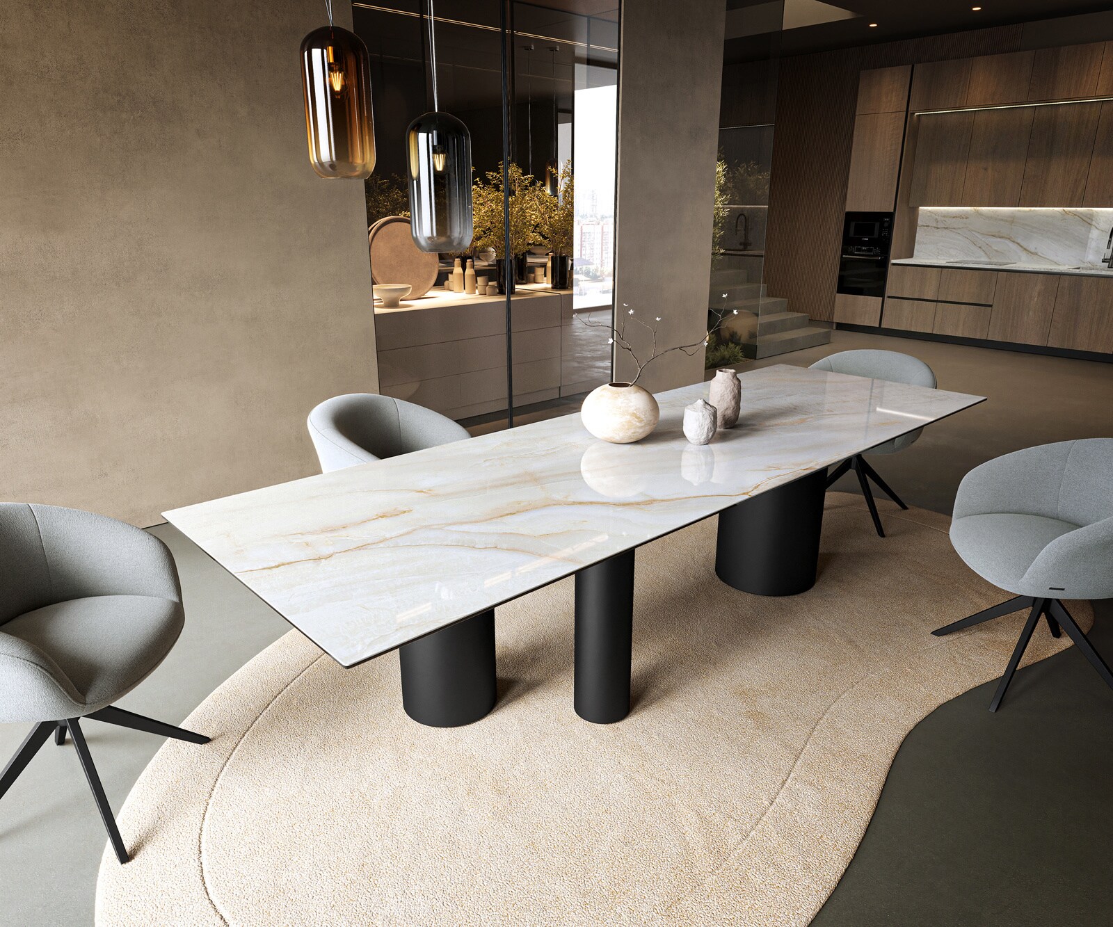 Table à manger Edge 300x100 cm céramique Onyx Pearl Troa métal noir 1