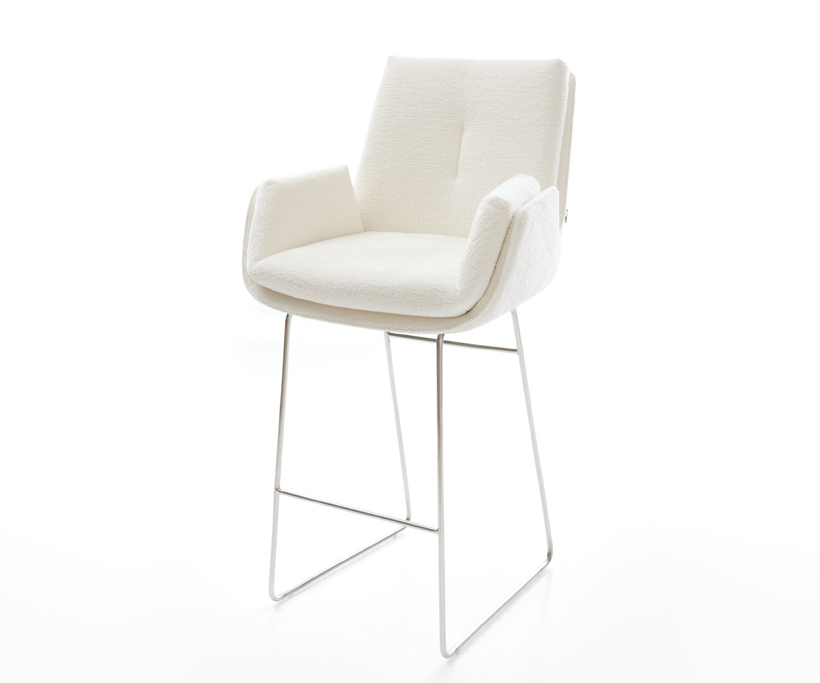 Chaise-de-bar Clea-Flex Bouclé doux Beige Pied trapèze acier inoxydable Argent