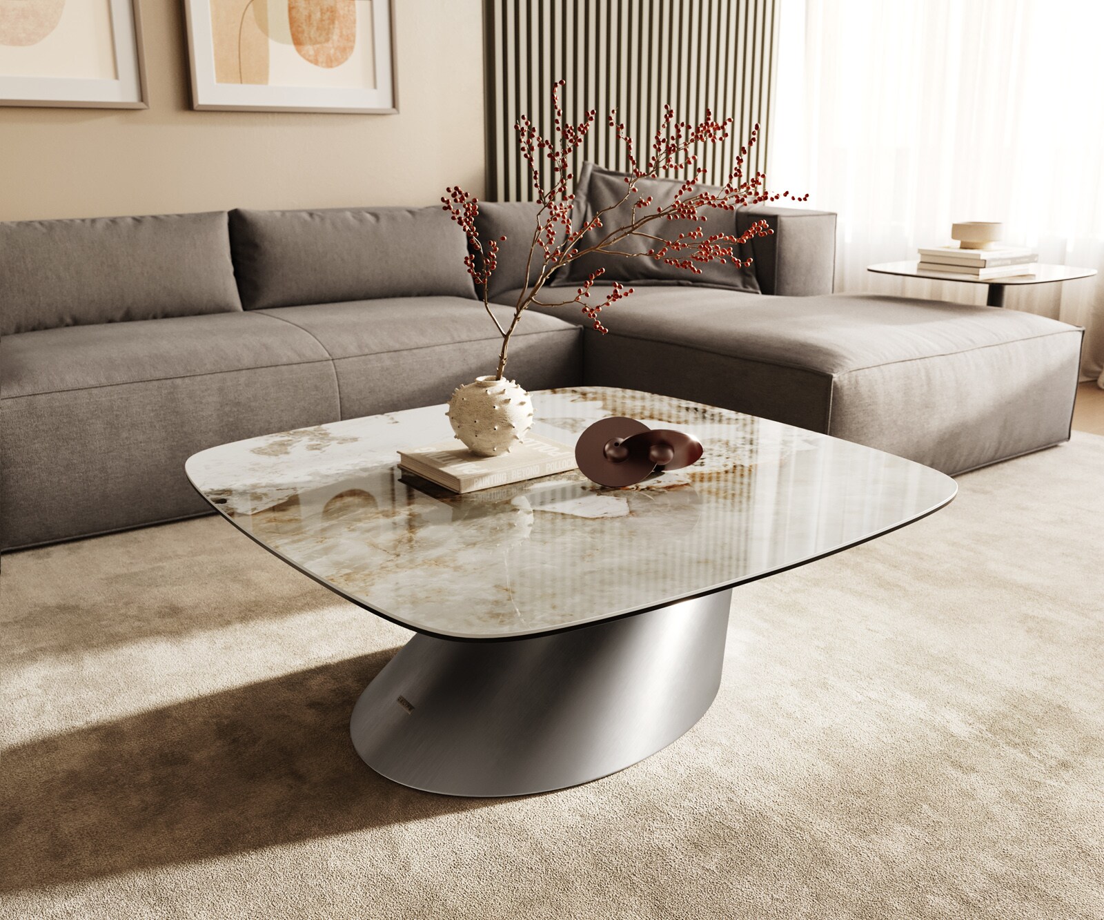 Table basse Edge Boot 90x90 cm céramique Minas Melange Conis acier inoxydable brossé 1