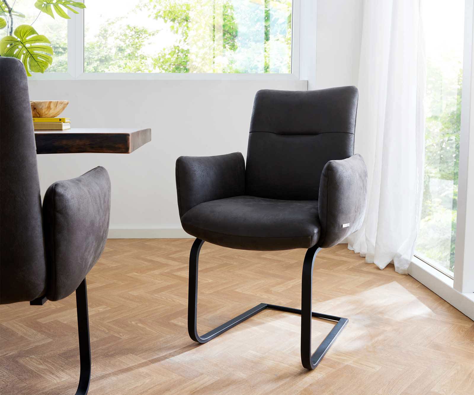 Cantilever Jova-Flex avec accoudoirs microvelours anthracite vintage pied cantilever plat noir ressorts ensachés