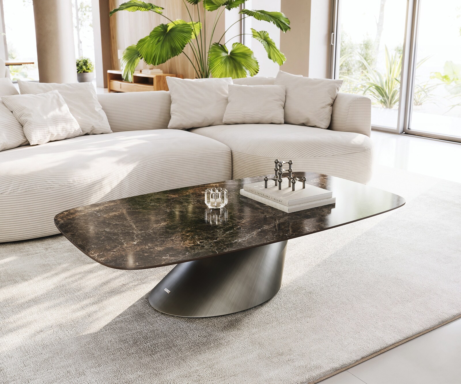 Table basse Edge bateau 140x80 cm céramique Emperador Extra Lucidato brun foncé Conis métallique argent