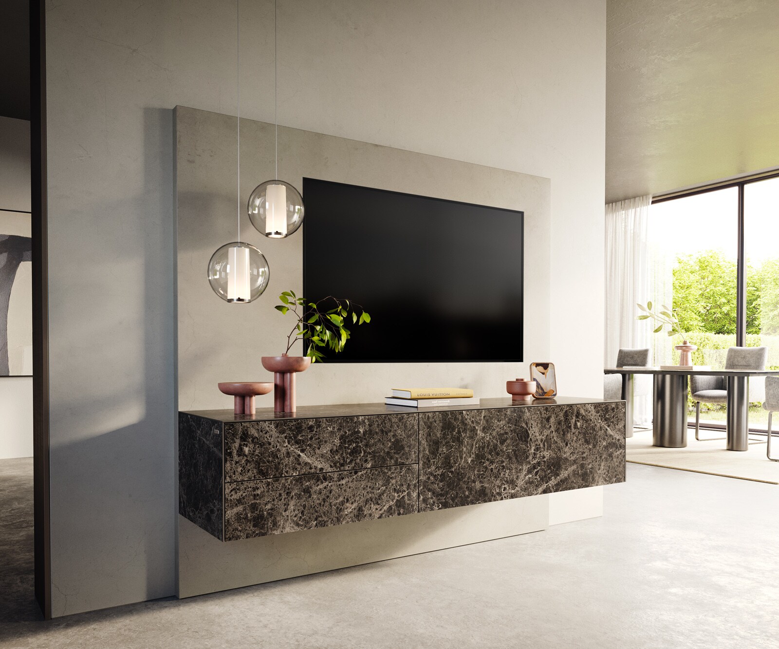 Meuble-TV Cuor 180 cm Céramique Laminam® Emperador Extra Lucidato brun foncé 1 Clapet 2 Tiroirs Flottant 1