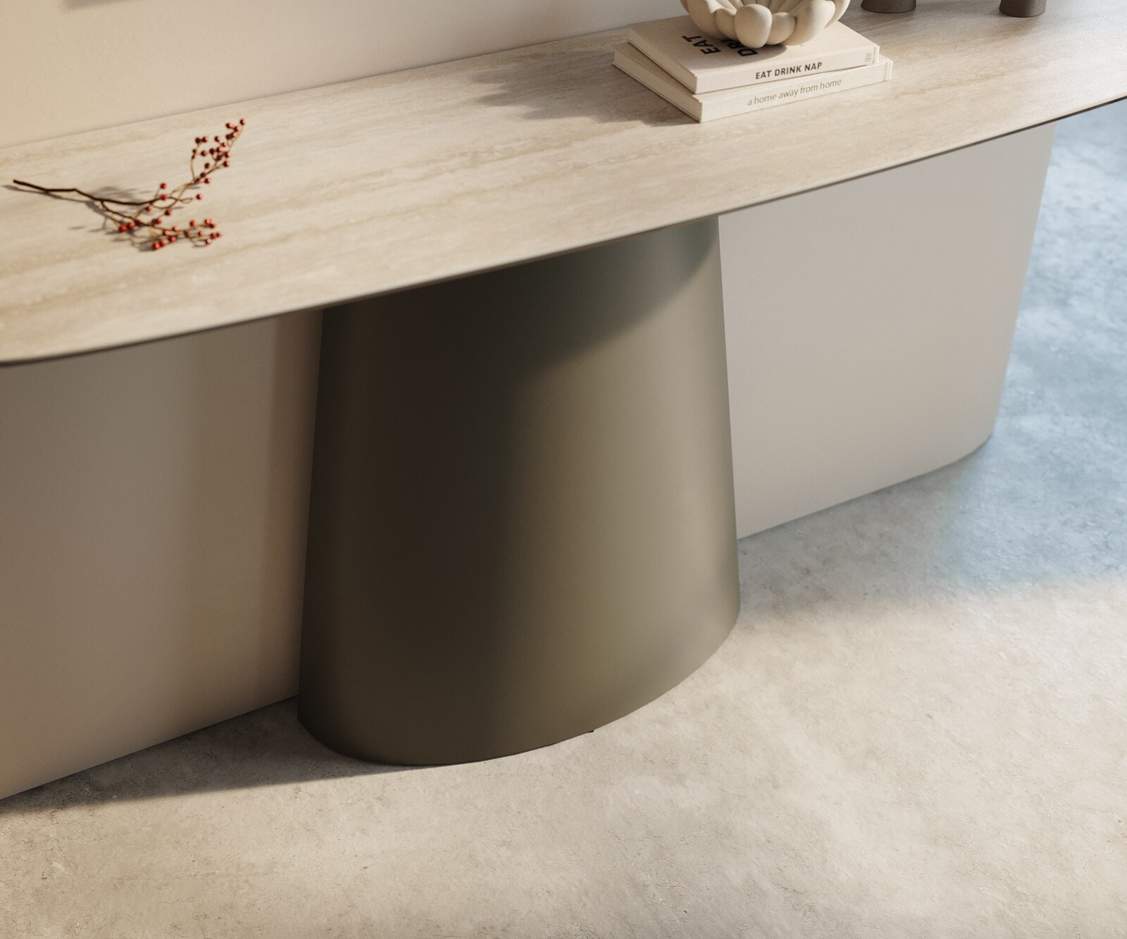 Console Edge forme bateau 140x40 cm Céramique Laminam® Travertino Bianco Creme-Weiß Conos Métal Effektfinish Titan 6