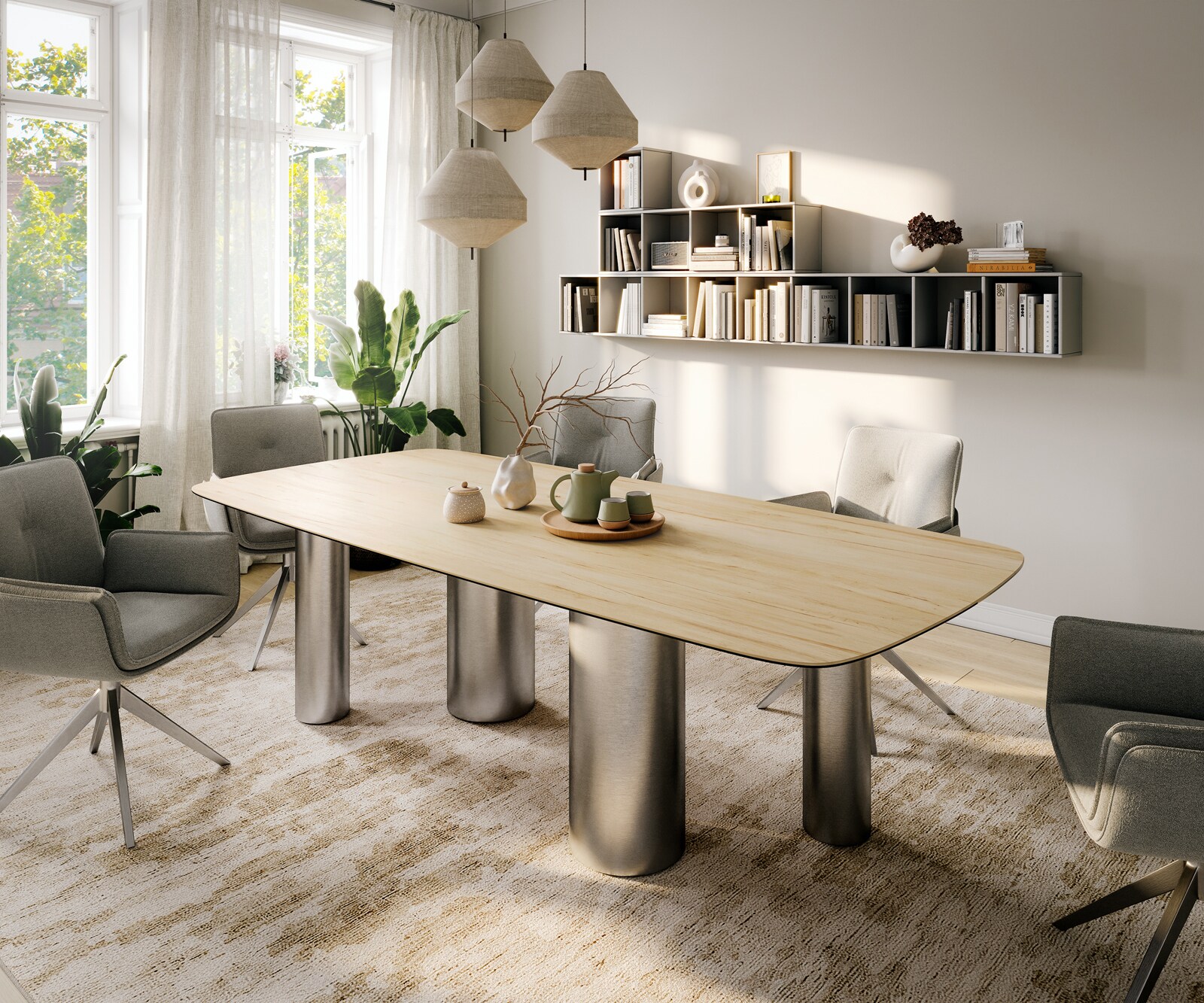 Table à manger Edge Boot 260x120 cm Céramique Laminam® Sabbia Eichefarbig Pilier Acier inoxydable gebürstet 1