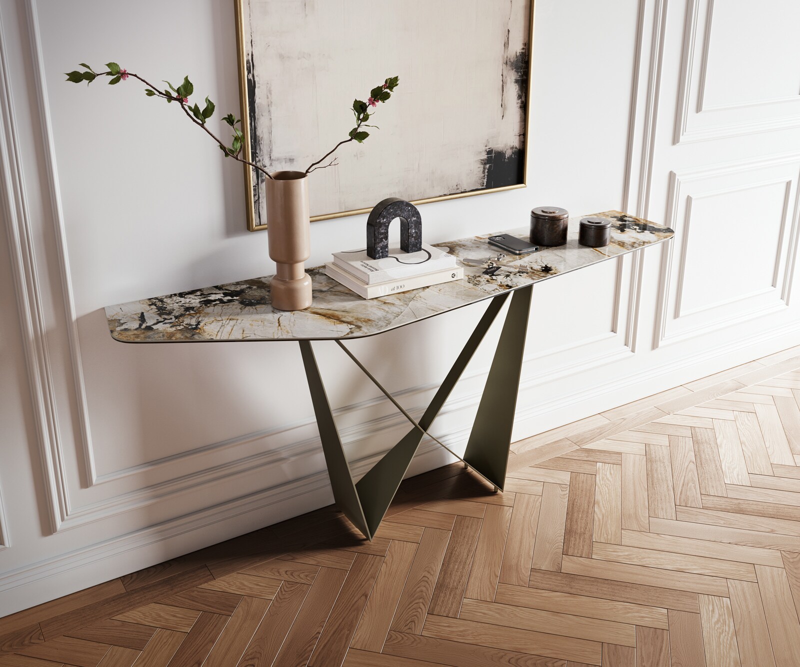 Console Edge Polygonal 180x50 cm Céramique Patagonia Poliert Spios Métal Effektfinish Titan 1