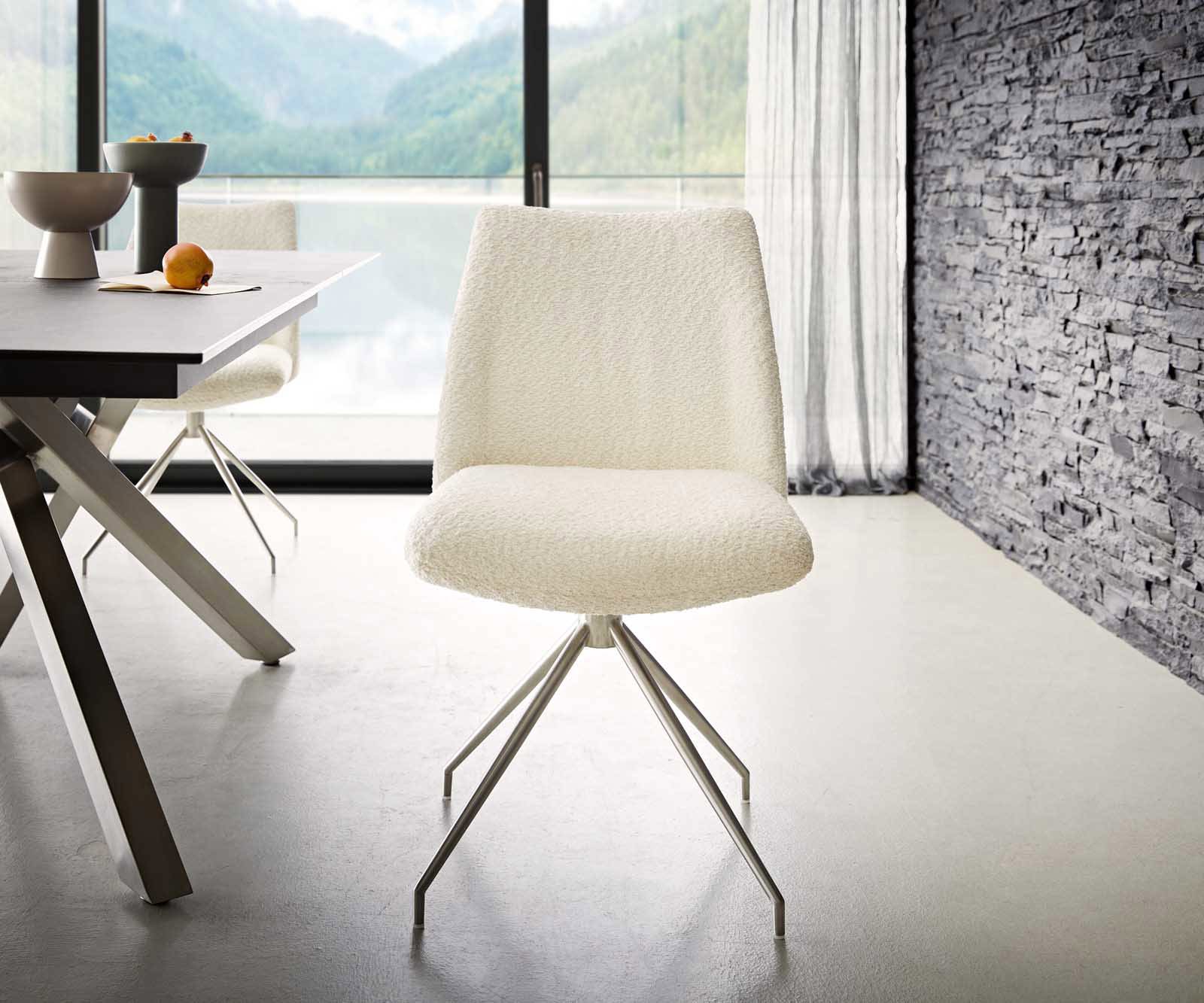 Chaise-pivotante Elso-Flex bouclé blanc pied croisé conique acier inoxydable brossé pivotement sur 180° ressorts ensachés 1