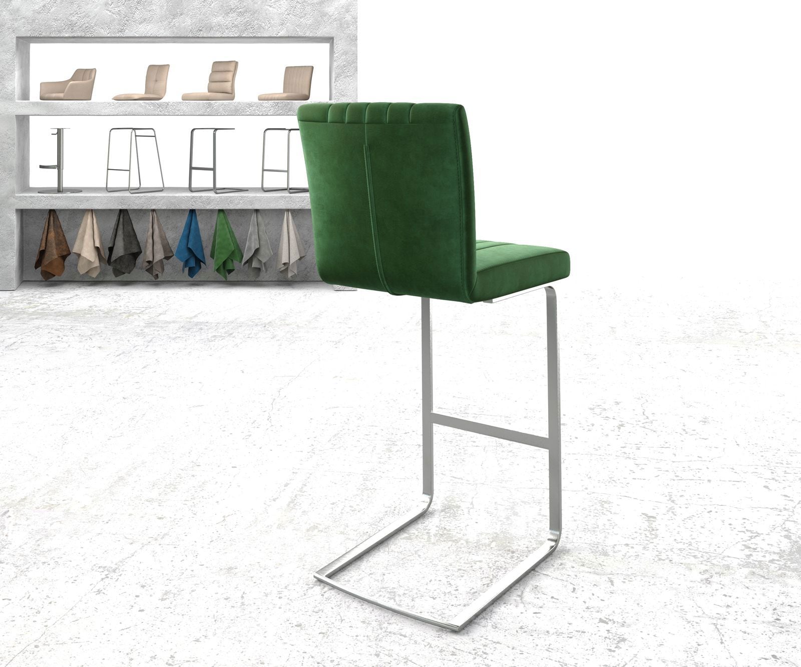 Chaise-de-bar Luiga-Flex velours vert chaise cantilever acier plat inoxydable 2 Chaise-de-bar Luiga-Flex velours vert chaise cantilever acier plat inoxydable 2