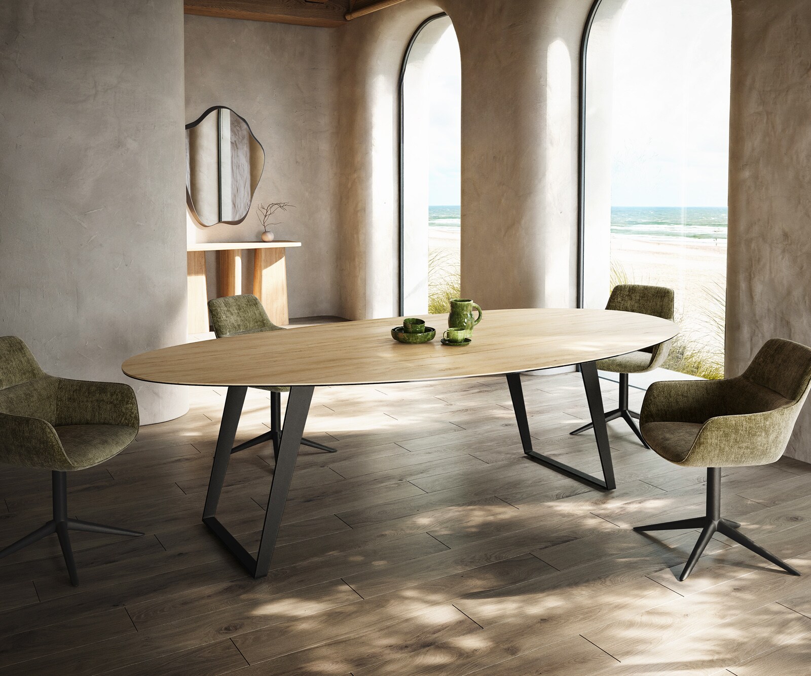 Table à manger Edge Oval 280x130 cm Céramique Laminam® Sabbia couleur chêne Métal Oblique Noir