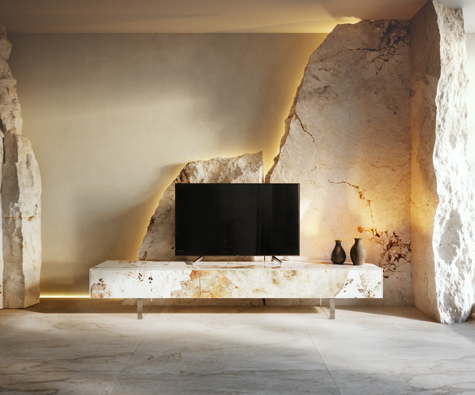 Meuble-TV Cuor 200 cm Céramique Minas Melange Blanc-beige 1 Clapet 1 Tiroir Pied optique flottant Verre acrylique