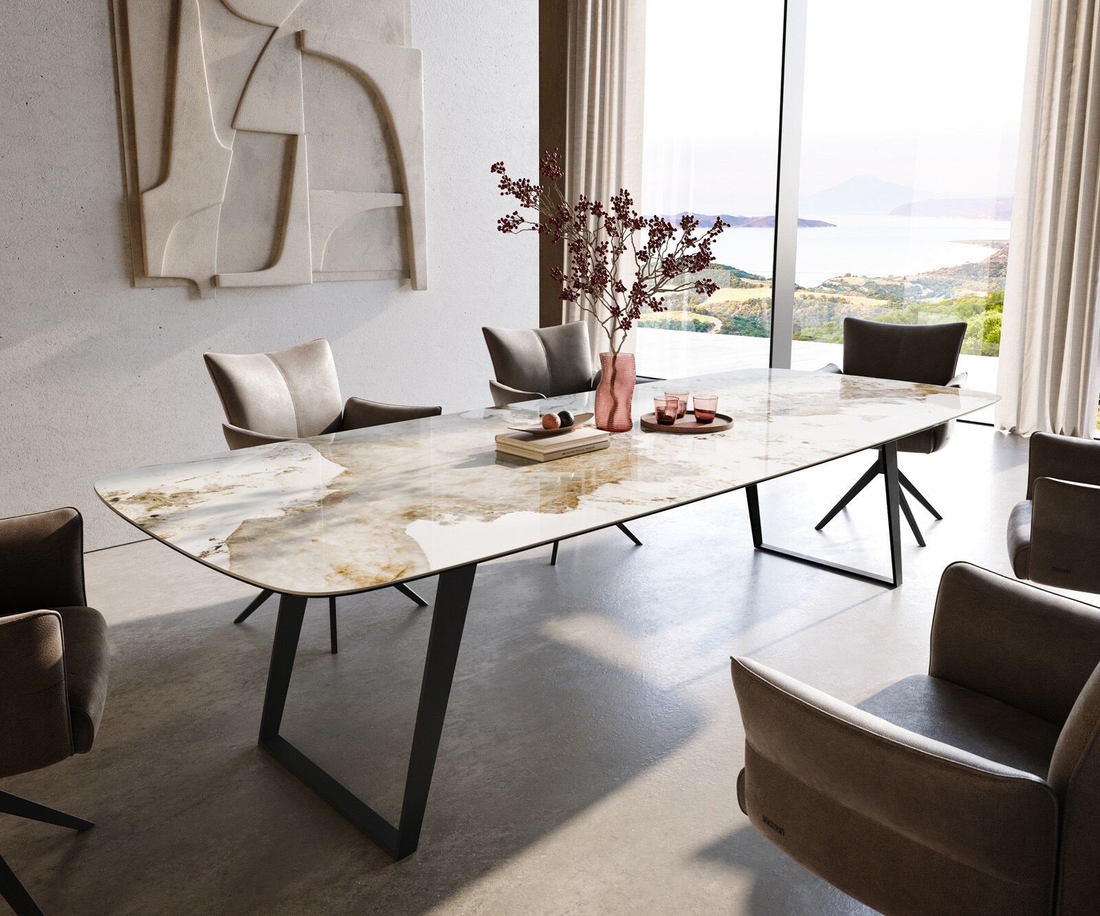 Table à manger Edge Boot 300x120 cm Céramique Minas Melange Blanc-Beige Métal Schräg Noir 1