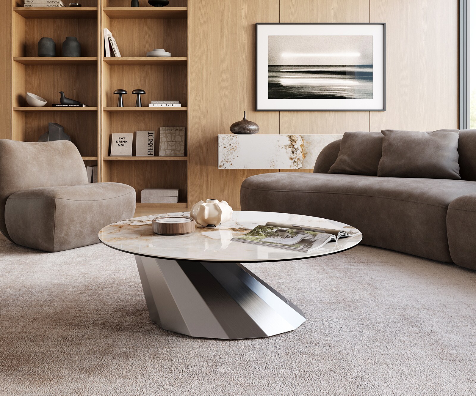 Table basse Edge rond 100x100 cm céramique Minas Melange Parabi acier inoxydable brossé 2