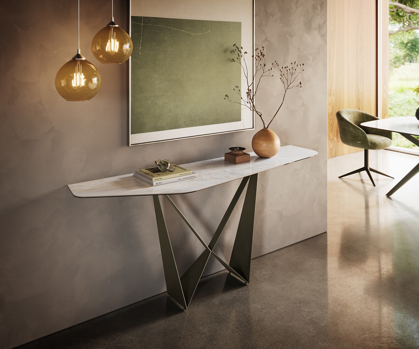 Console Edge Polygonal 180x50 cm Céramique Onyx Pearl Spios Métal Effektfinish Titan 1