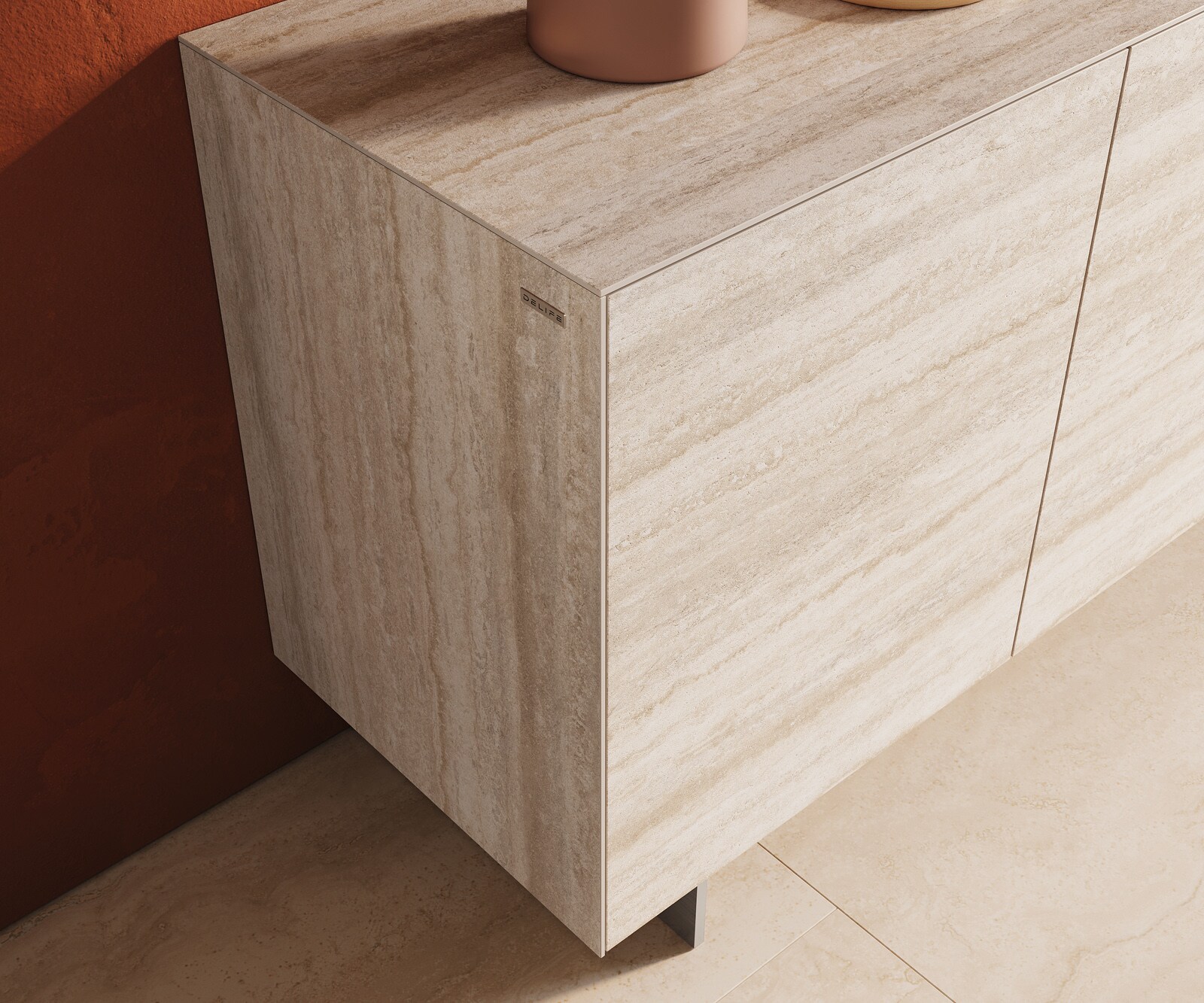 Buffet Cuor 150 cm Céramique Laminam® Travertino Bianco Crème-blanc 3 Portes Pied optique flottant Ancier inoxydable 5