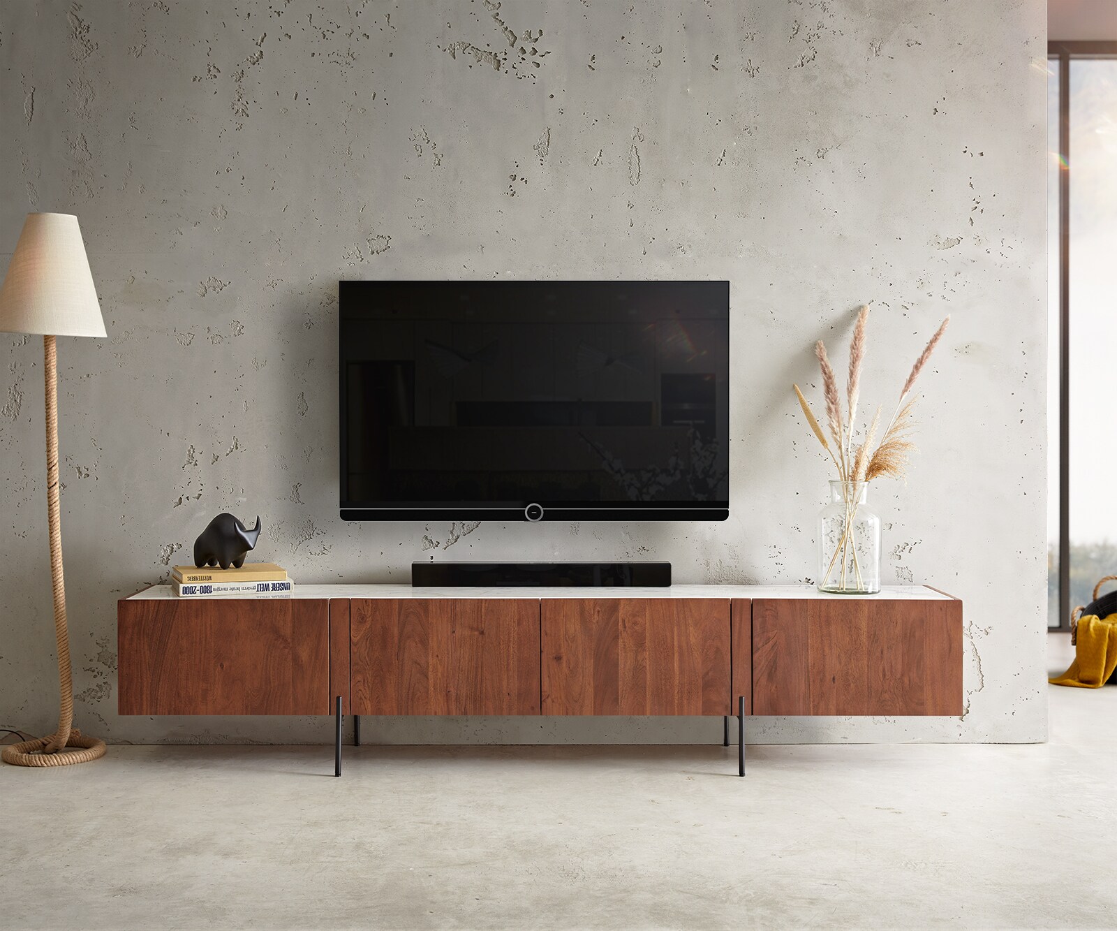 Buffet-bas Secara acacia plaque de marbre blanc 4