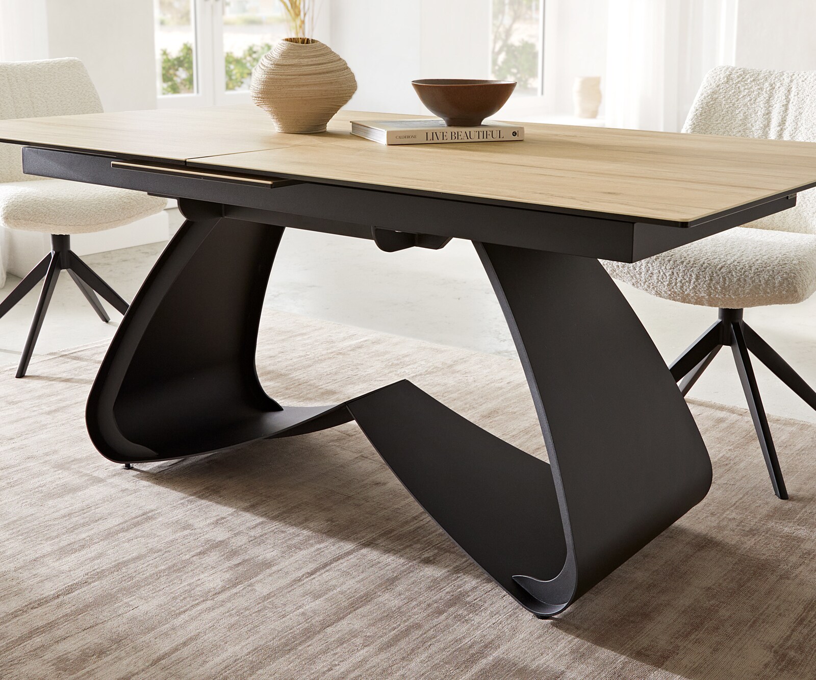 Table à manger Edge 180-220x100 céramique Laminam® Sabbia couleur chêne cadre en W noir extensible 6