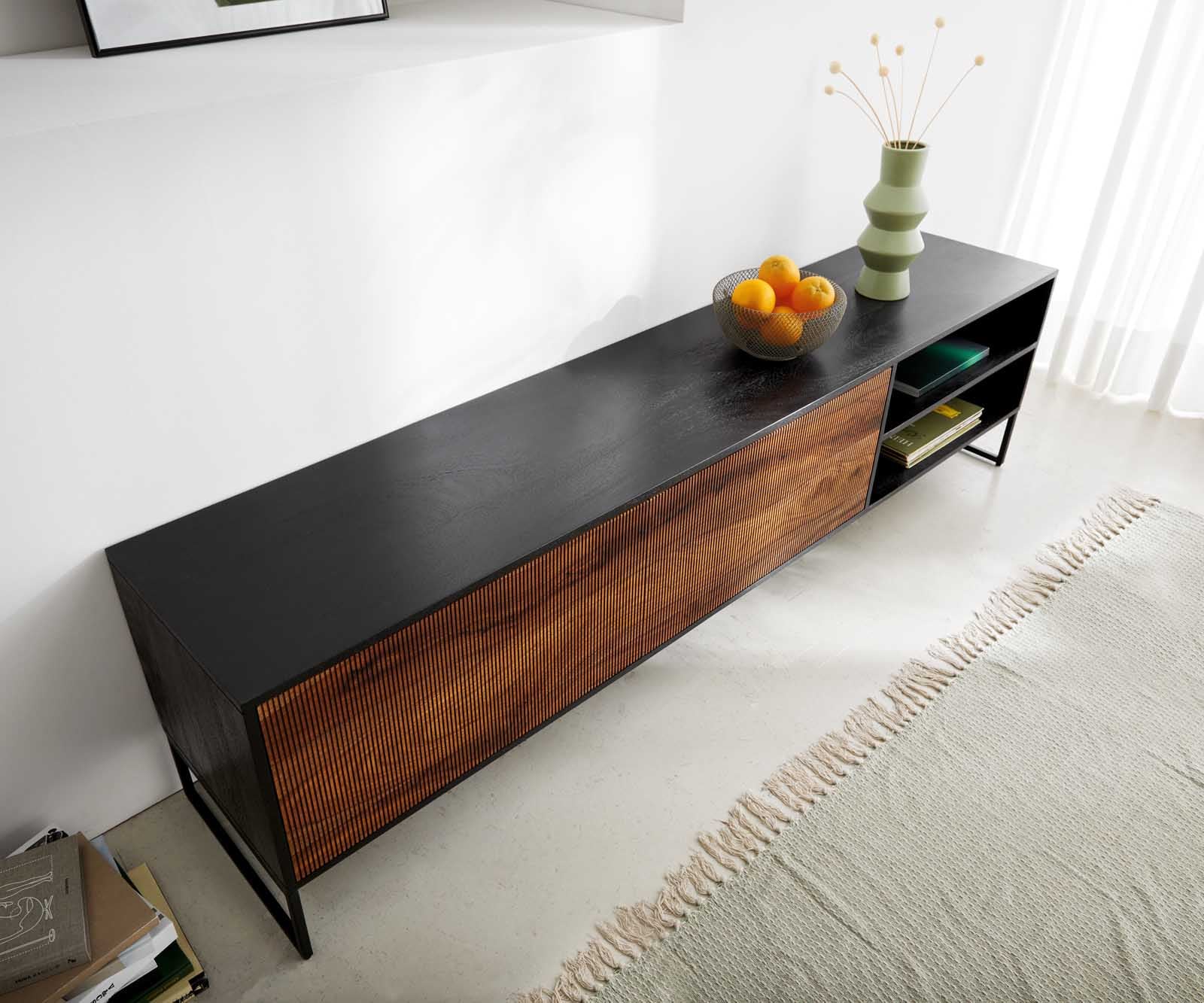 Meuble-TV Vaag 200 cm Sheesham naturel mangue noir 2 portes 2 compartiments 4 Meuble-TV Vaag 200 cm Sheesham naturel mangue noir 2 portes 2 compartiments 4