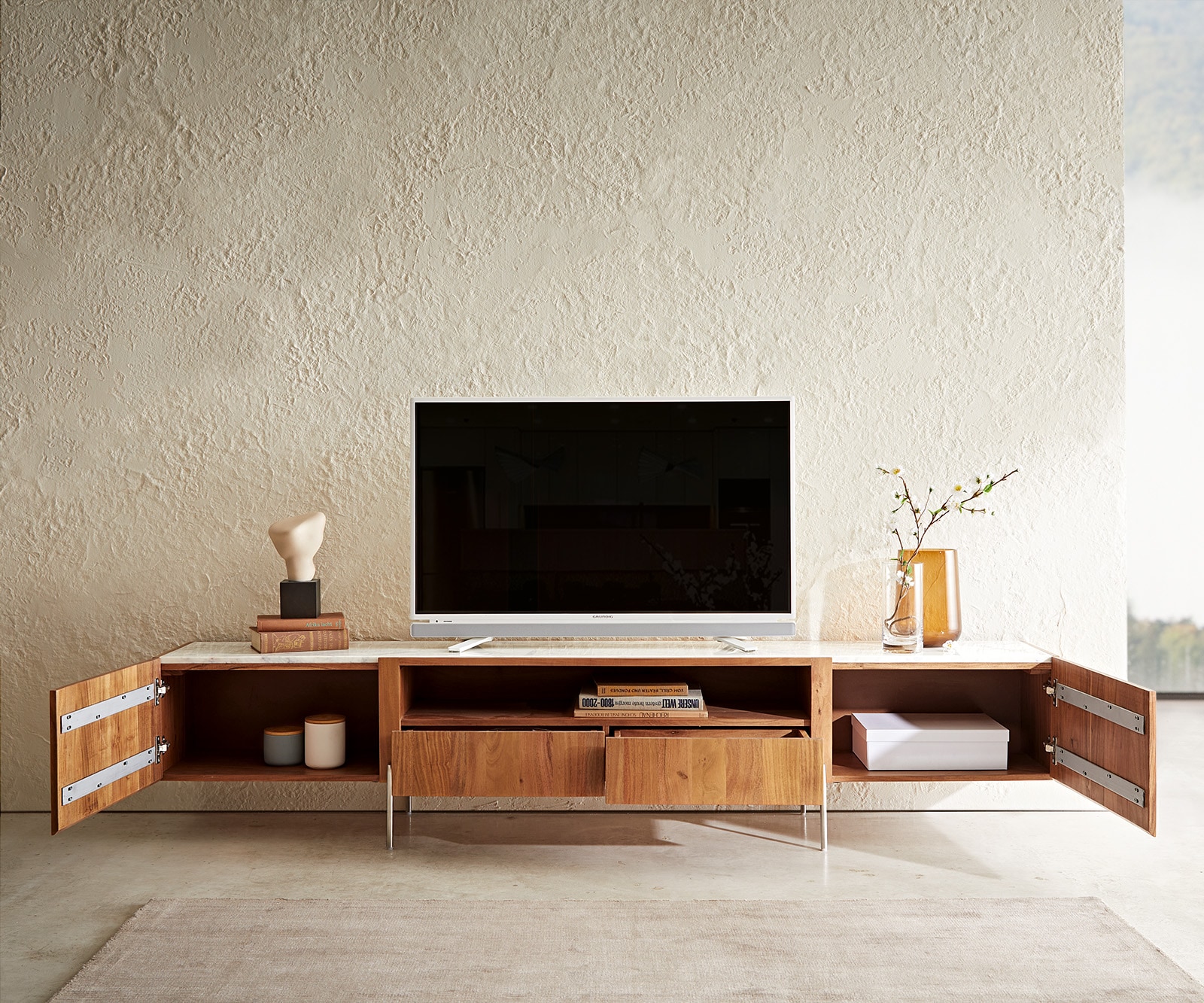 Meuble-TV Secara 220 cm acacia naturel 2 portes 2 tiroirs marbre pieds inoxydable 5