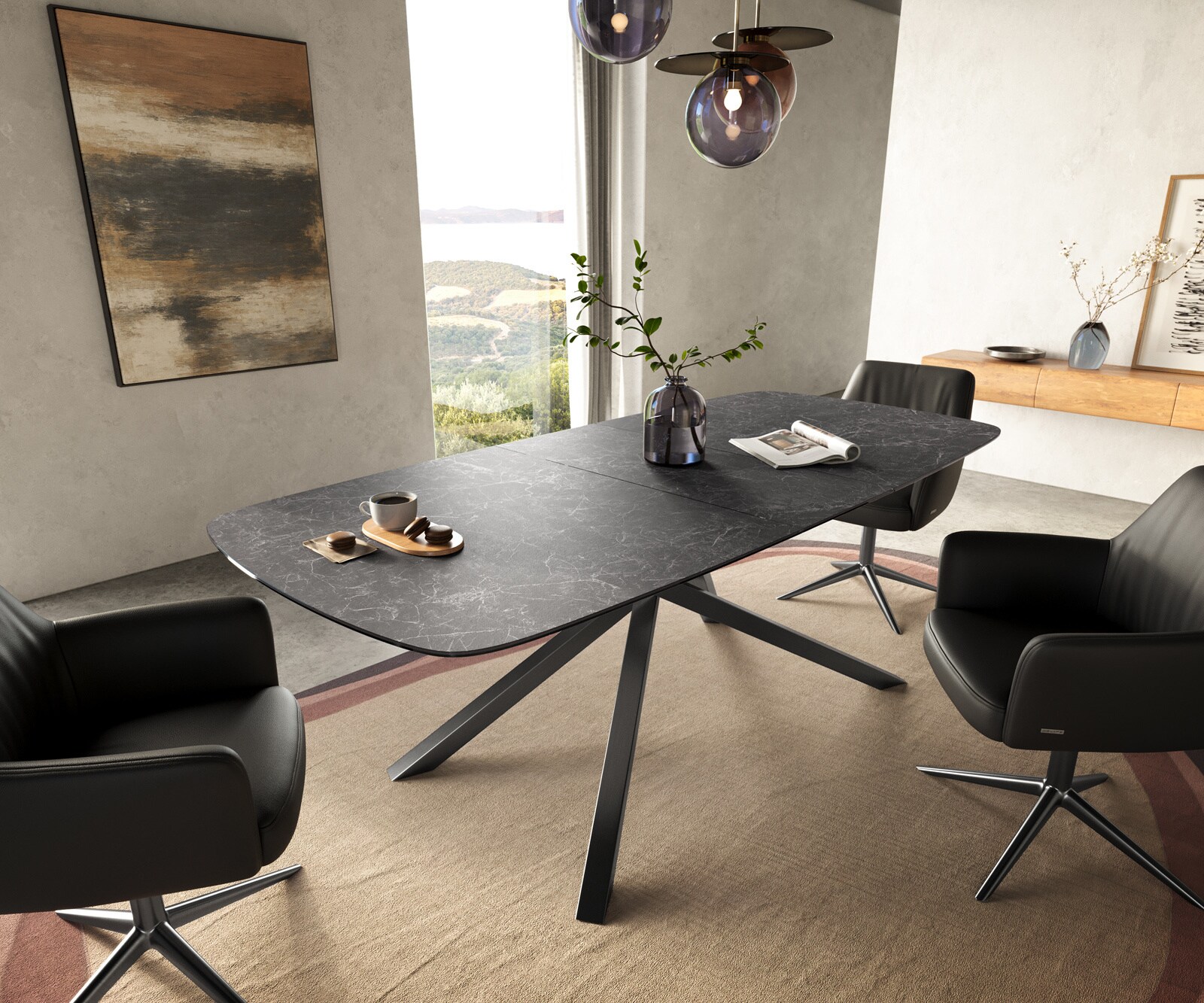 Table à manger Edge Boot 180-220x100 cm Céramique Laminam® Nero Greco Anthracite piètement en croix Rectangle Acier inoxydable Graphite extensible 1