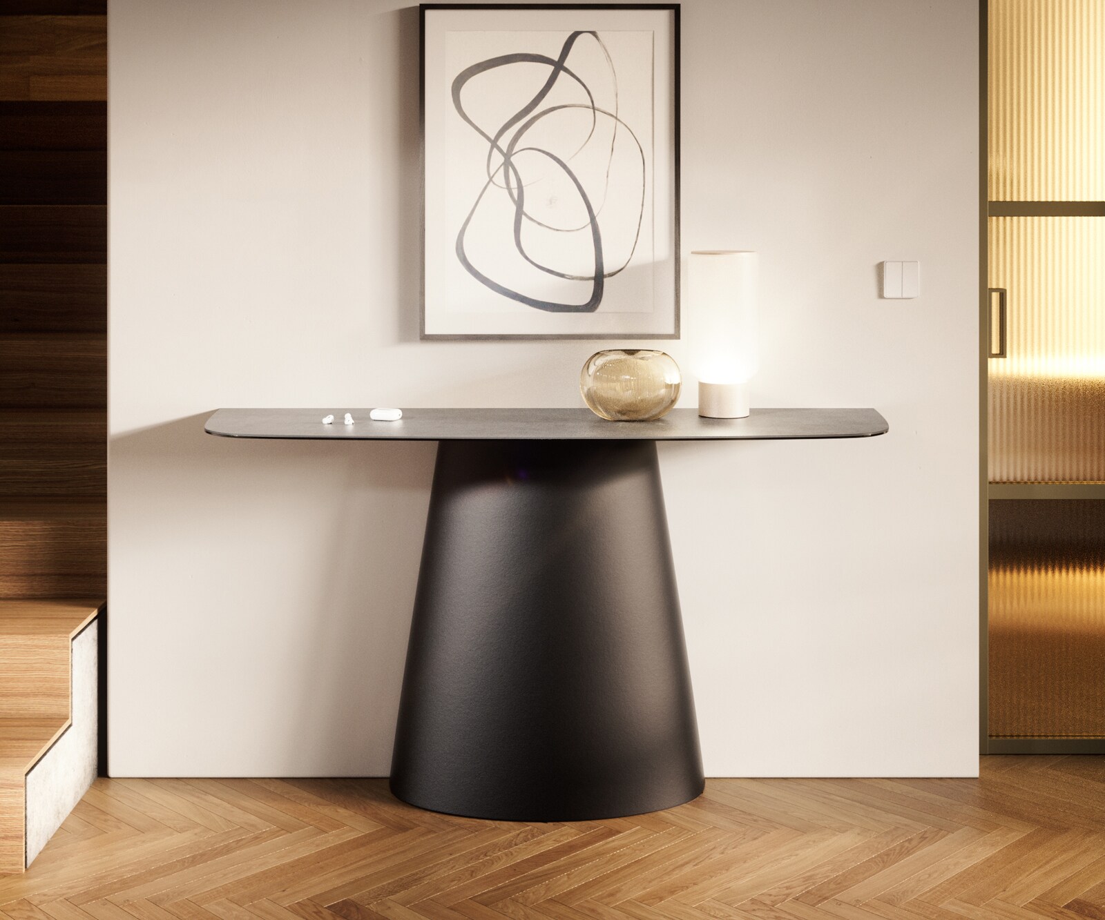 Console Edge forme bateau 140x40 cm Céramique Gris béton Conos Métal Noir 2