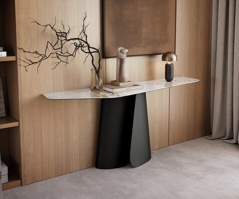 Console Edge Polygonal 180x50 cm Céramique Minas Melange Weiß-Beige Livos Métal Noir