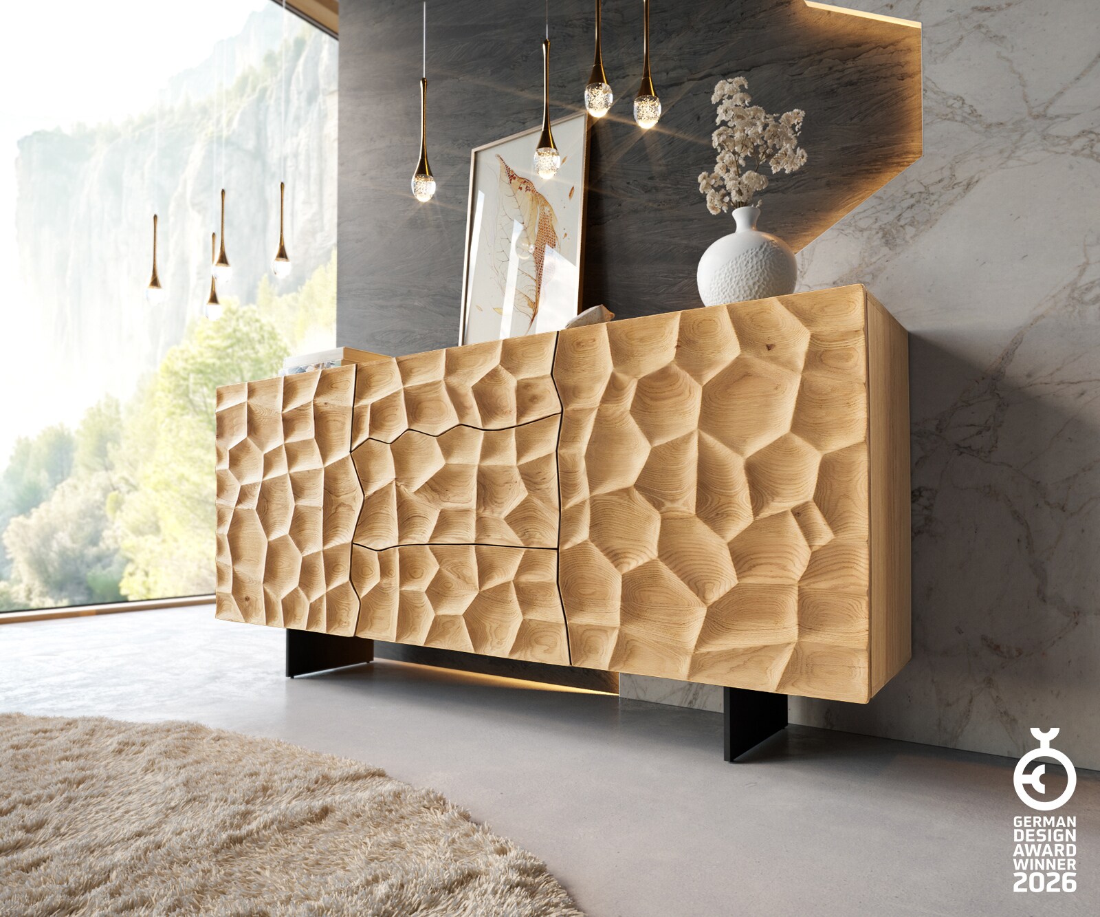 Buffet Solu 175 cm chêne naturel 2 portes 3 tiroirs pieds profilés métal noir face avant 3D