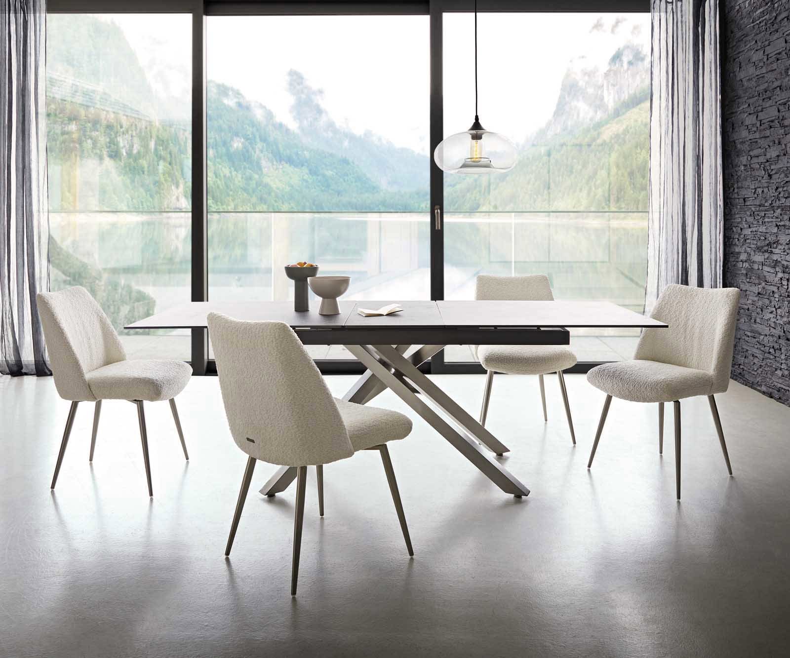 Chaise-de-salle-à-manger Elso-Flex bouclé blanc 4 pieds coniques acier inoxydable brossé ressorts ensachés 5 Chaise-de-salle-à-manger Elso-Flex bouclé blanc 4 pieds coniques acier inoxydable brossé ressorts ensachés 5