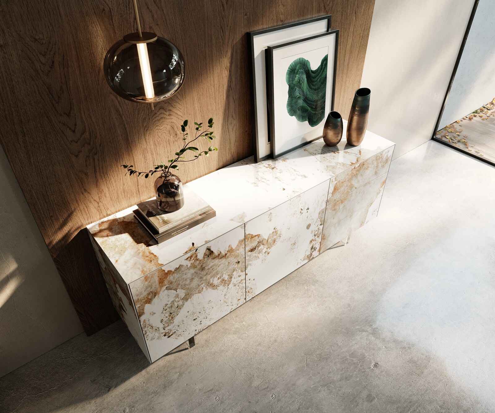 Buffet Cuor 180 cm Céramique Minas Melange Blanc-beige 2 Portes 3 Tiroirs Pied optique flottant Verre acrylique 3