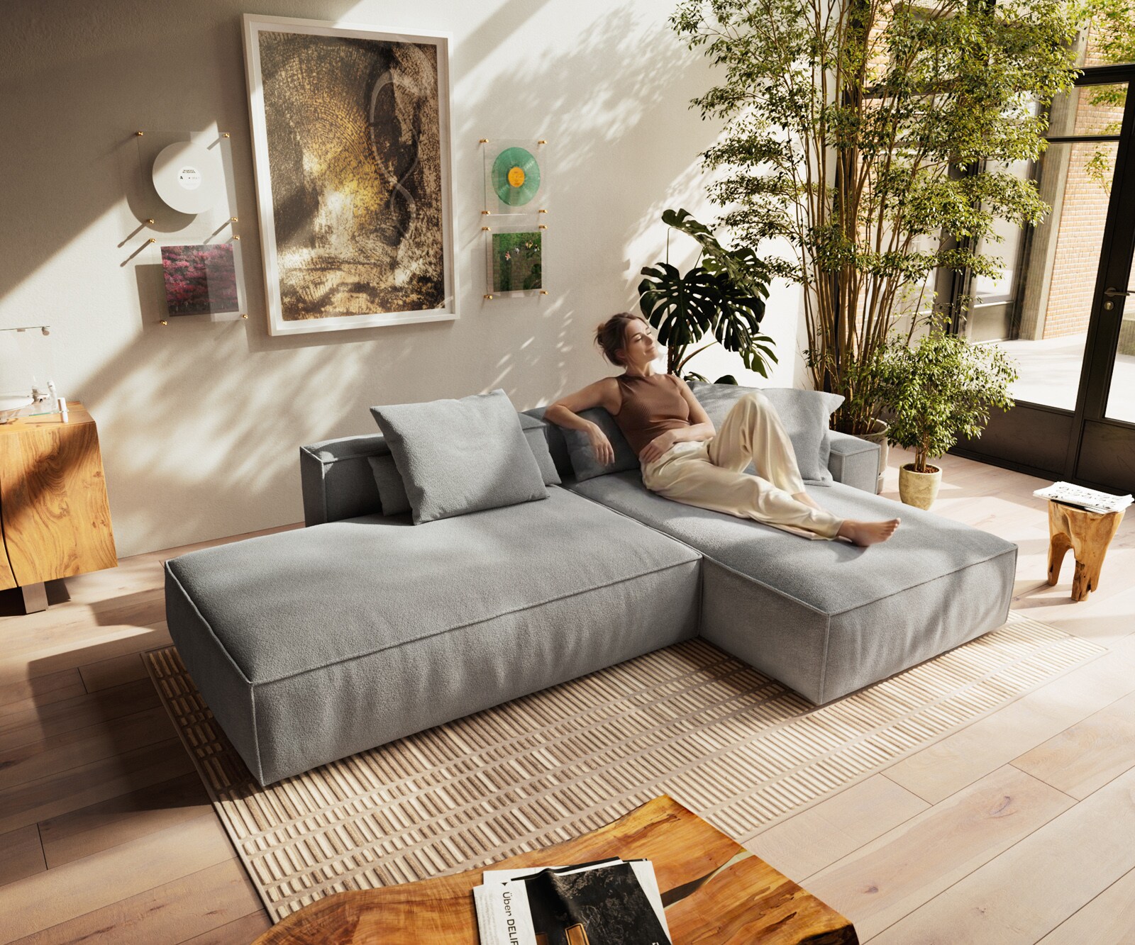 Canapé d'angle Freestyle 310x200 cm Tissu structuré doux Gris couture passepoilée 3