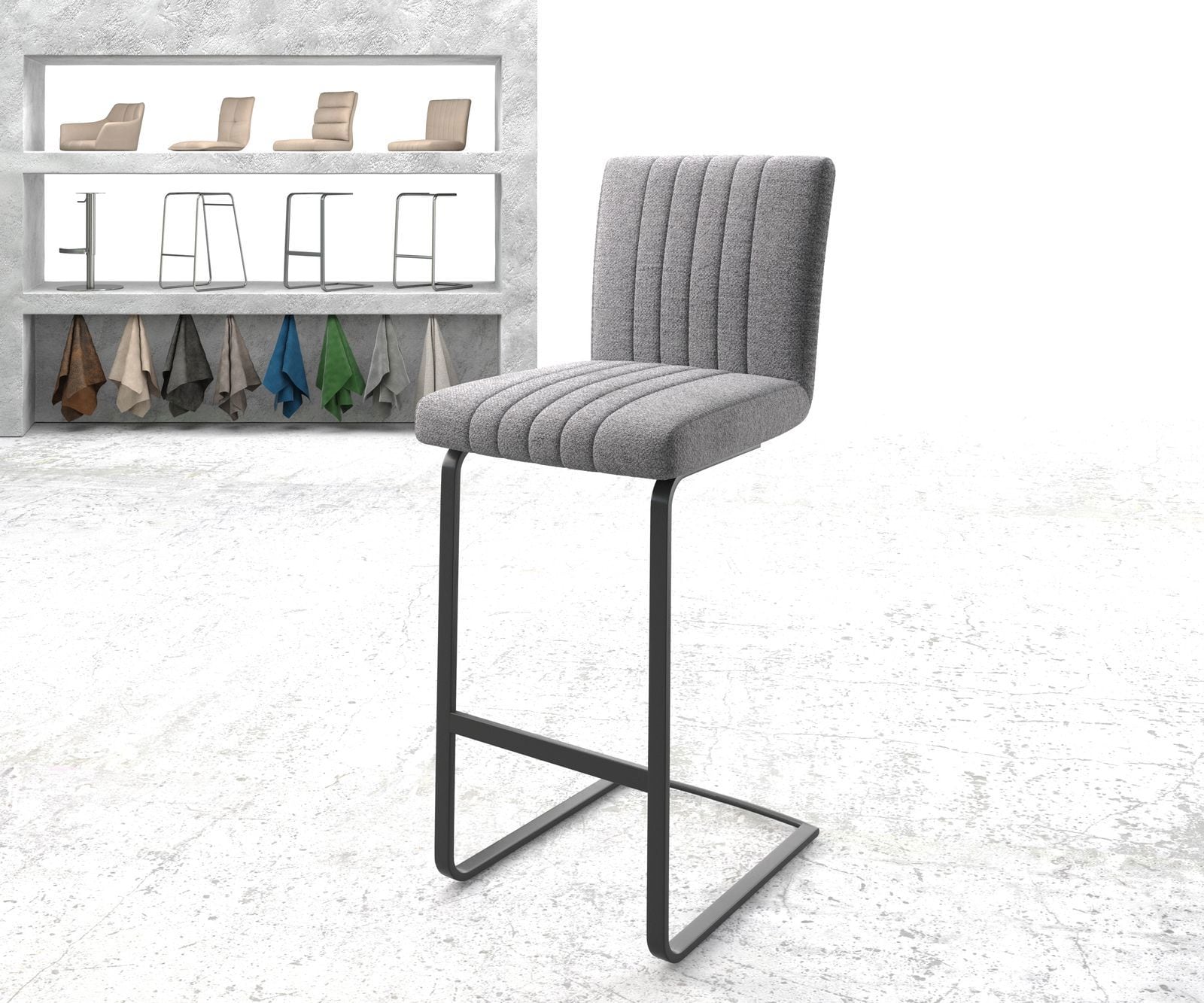 Chaise-de-bar Luiga-Flex tissu texturé gris clair chaise cantilever métal plat Chaise-de-bar Luiga-Flex tissu texturé gris clair chaise cantilever métal plat