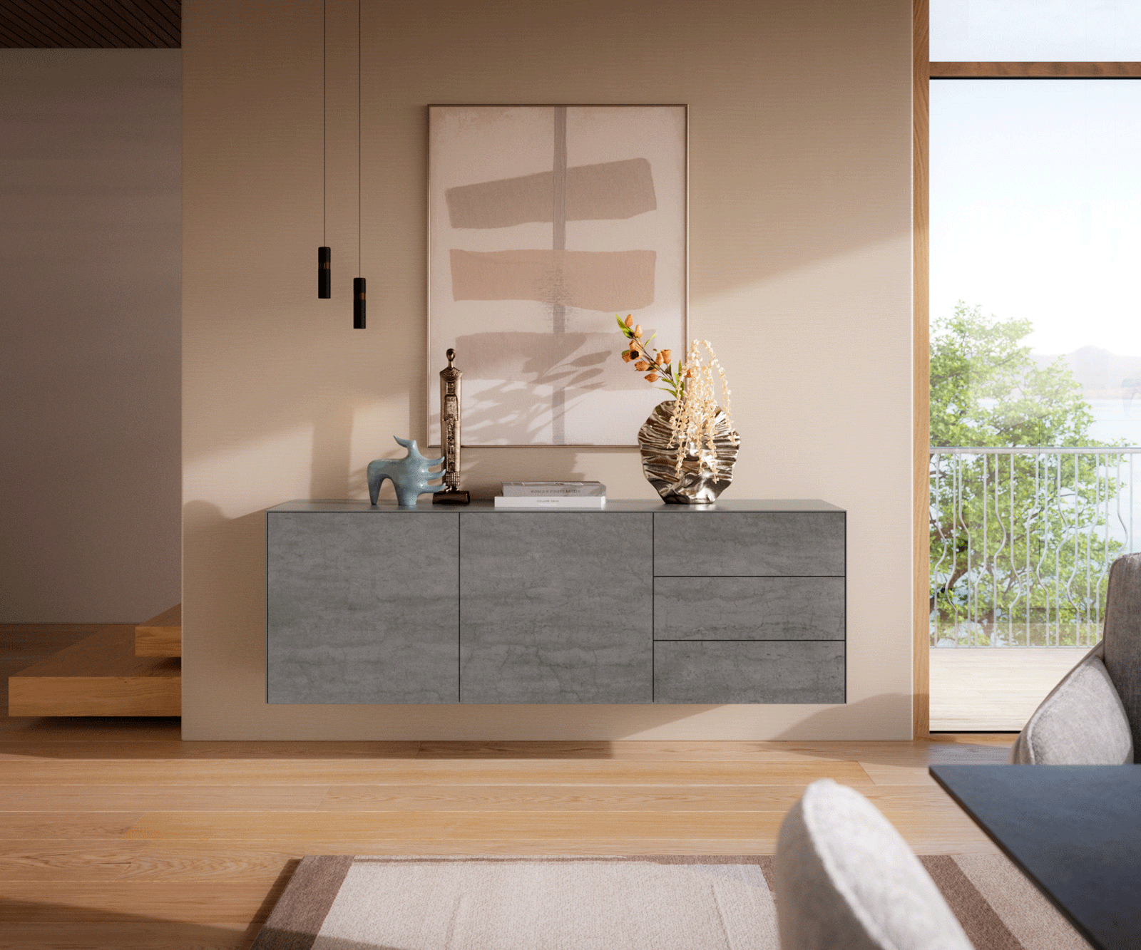 Buffet Cuor 180 cm Céramique Béton gris 2 Portes 3 Tiroirs Flottant 2