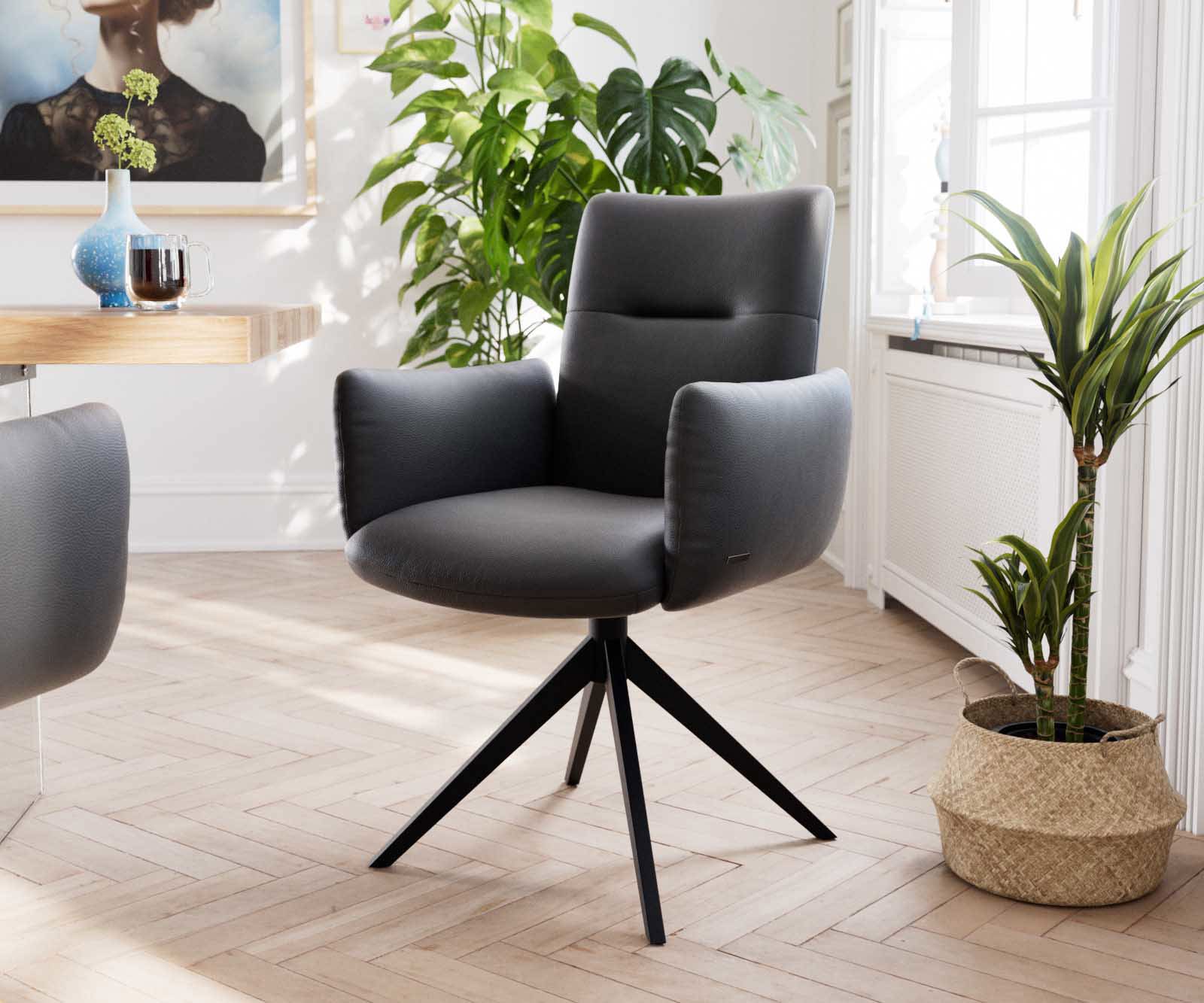 Chaise-pivotante Jova-Flex avec accoudoirs cuir de vache noir pied croisé large noir pivotement sur 360° ressorts ensachés