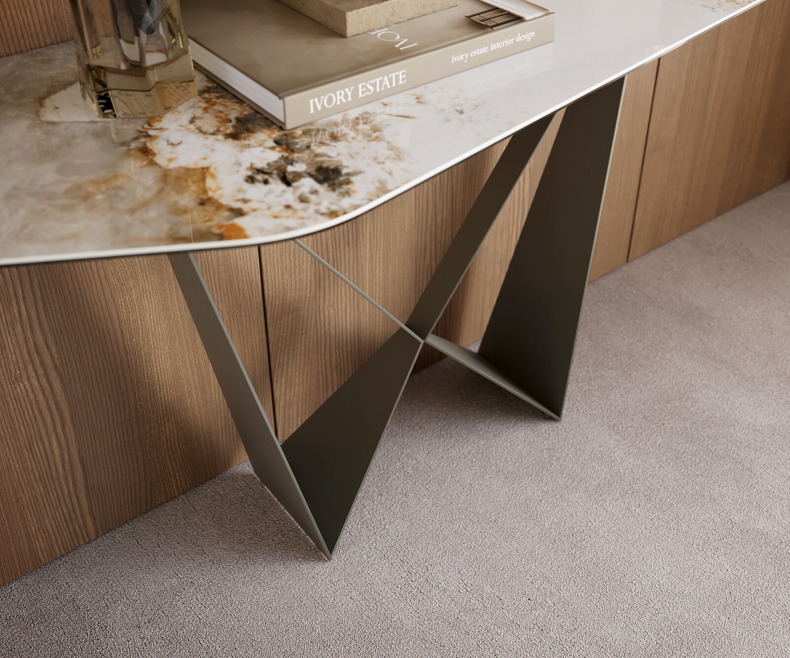 Console Edge Polygonal 180x50 cm Céramique Minas Melange Weiß-Beige Spios Métal Effektfinish Titan 6