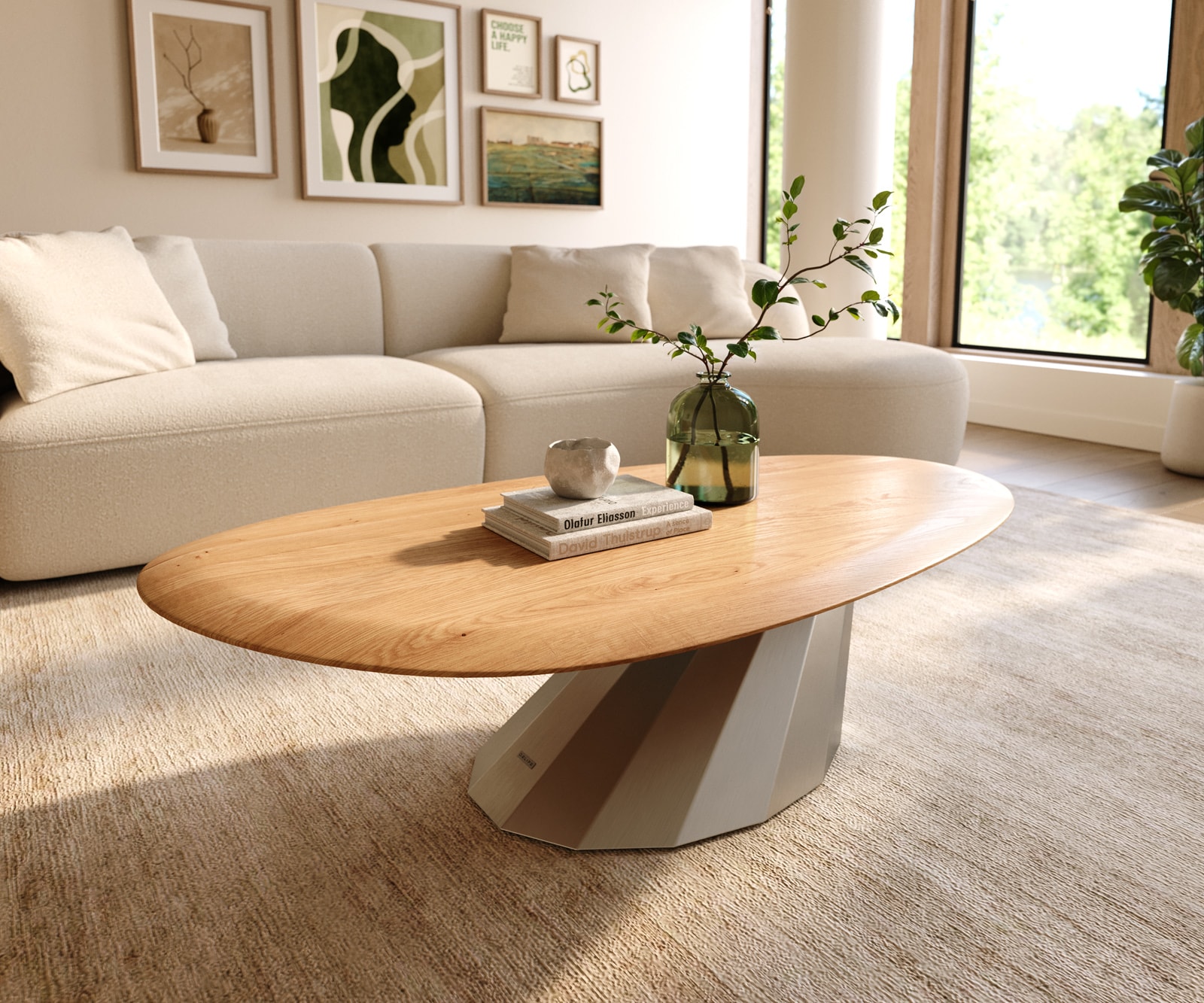 Table basse Edge Oval 140x75 cm chêne naturel bord arrondi Parabi acier inoxydable brossé 1