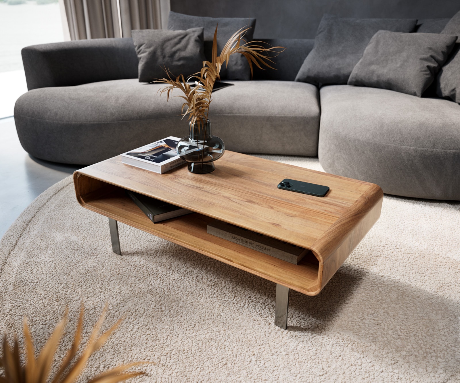 
Table basse Anaya 100x50 cm acacia naturel 1 compartiment pied en L inoxydable