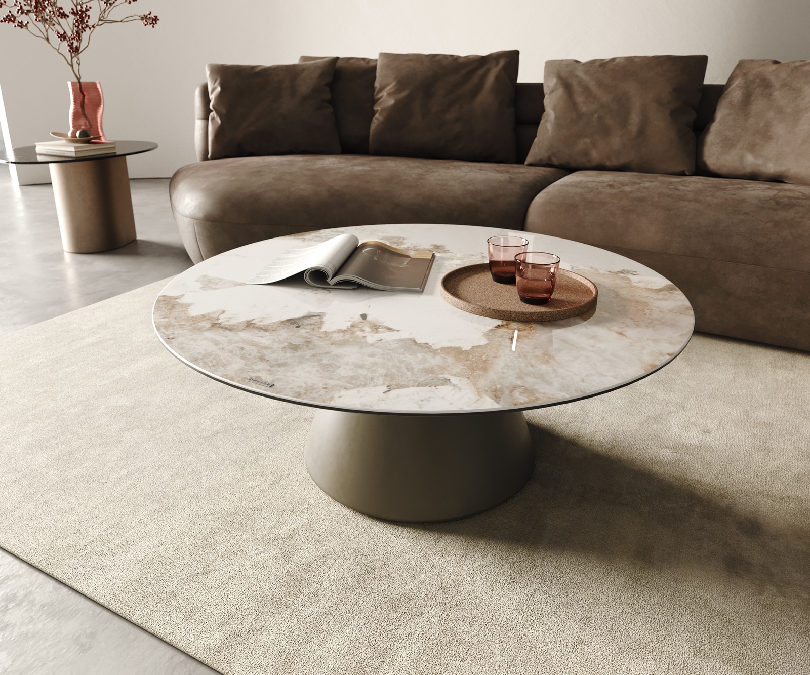Table basse Borna 100x100 cm céramique piétement conique finition effet titane Table basse Borna 100x100 cm céramique piétement conique finition effet titane