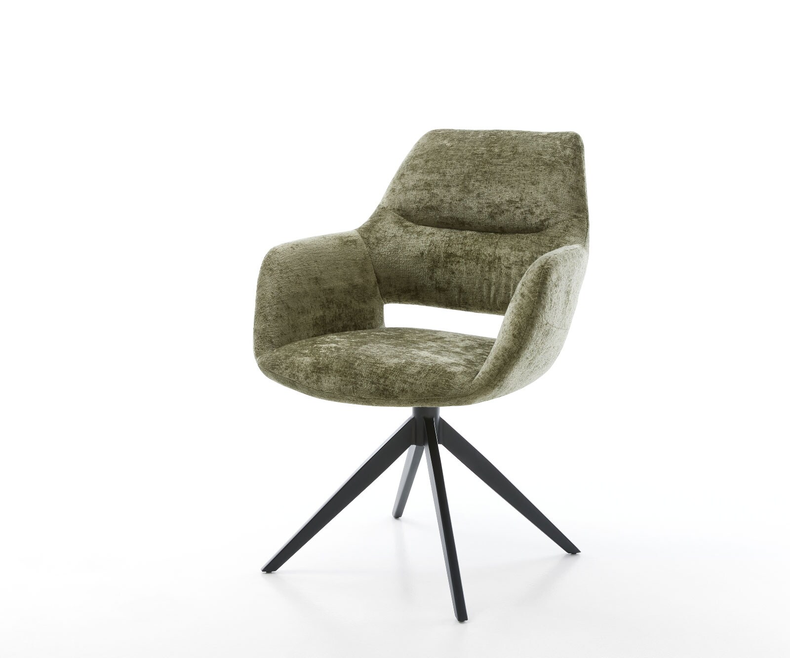 Chaise-pivotante Yago-Flex avec accoudoirs chenille olive pied croisé large noir pivotement sur 360° fonction bascule ressorts ensachés
