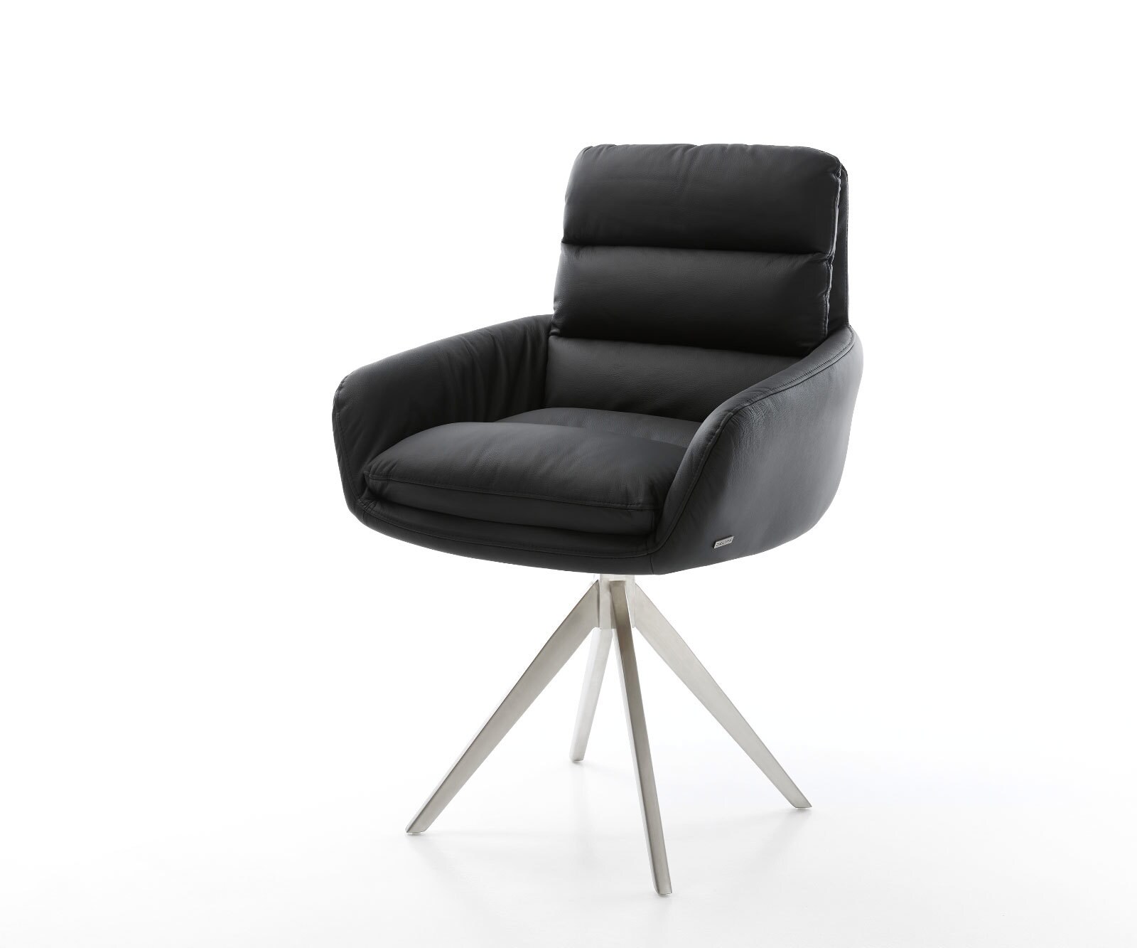 Chaise-de-salle-à-manger Abelia-Flex avec accoudoirs cuir de vache noir pied croisé angulaire acier inoxydable brossé