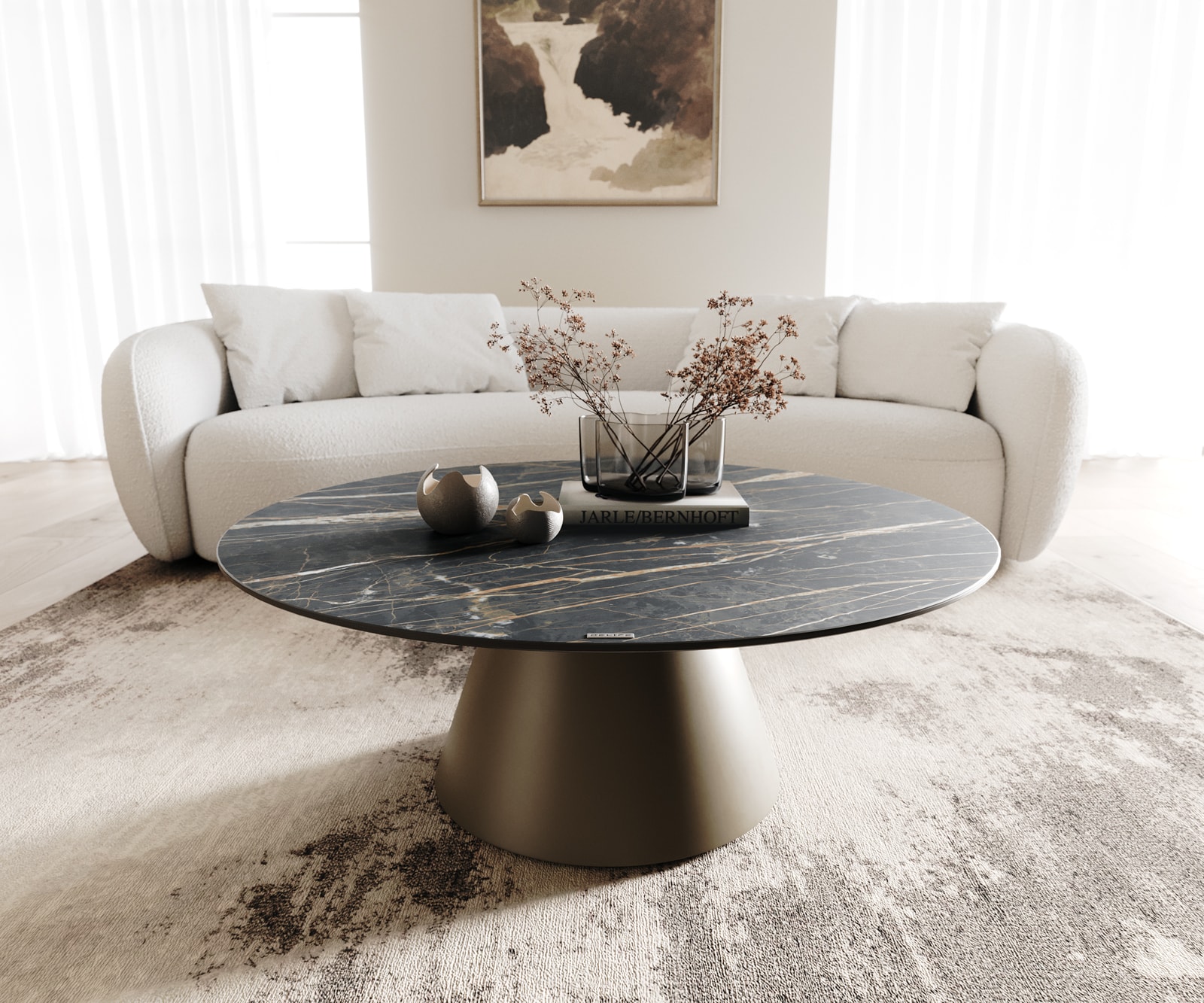 Table-basse Borna 100x100 cm Céramique Laminam®Noir Desir Marron Piétement Conique Finition Effet Titane 1 Table-basse Borna 100x100 cm Céramique Laminam®Noir Desir Marron Piétement Conique Finition Effet Titane 1