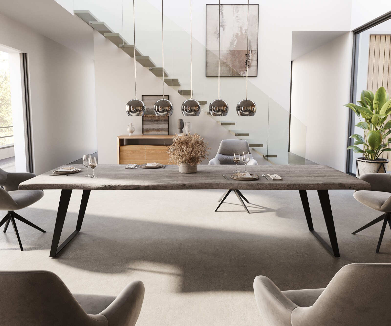 Table-à-manger Edge 300x100 XL acacia platine métal incliné Live-Edge 1