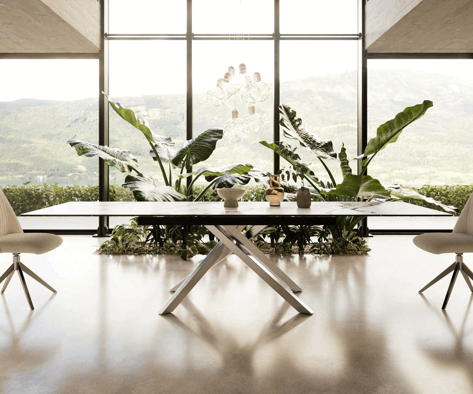 Table à manger Edge 200-300x100 céramique Calacatta Luxe blanc-doré-gris cadre croisé rectangulaire acier inoxydable extensible 1
