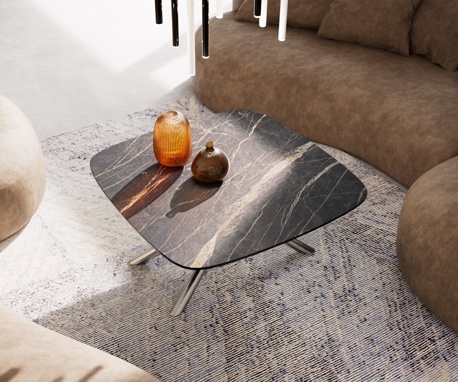 Table basse Edge Boot 90x90 cm céramique Laminam® Noir Desir brun Sarity acier inoxydable brossé 4