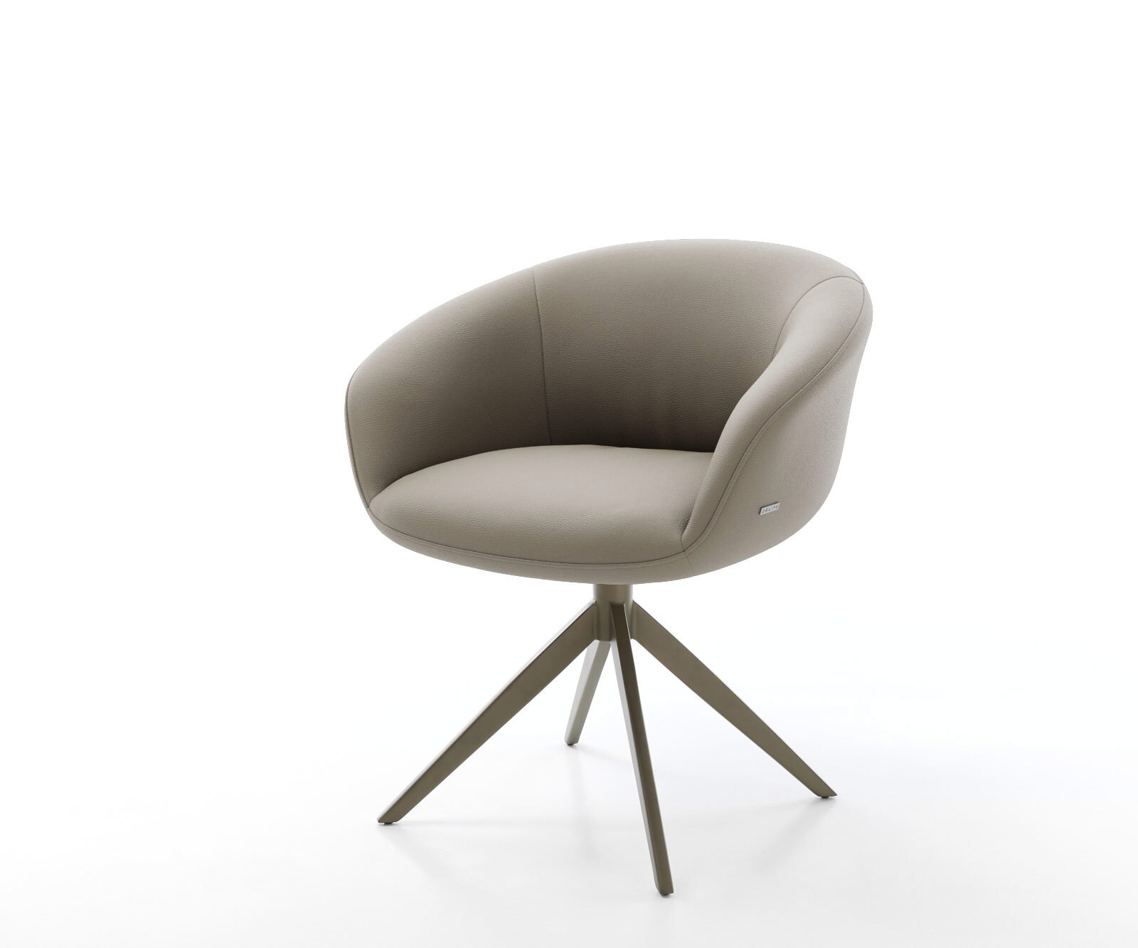 Chaise-pivotante Vinka-Flex avec accoudoirs cuir de vache couleur boue pied croisé large aspect titane pivotement sur 360° ressorts ensachés