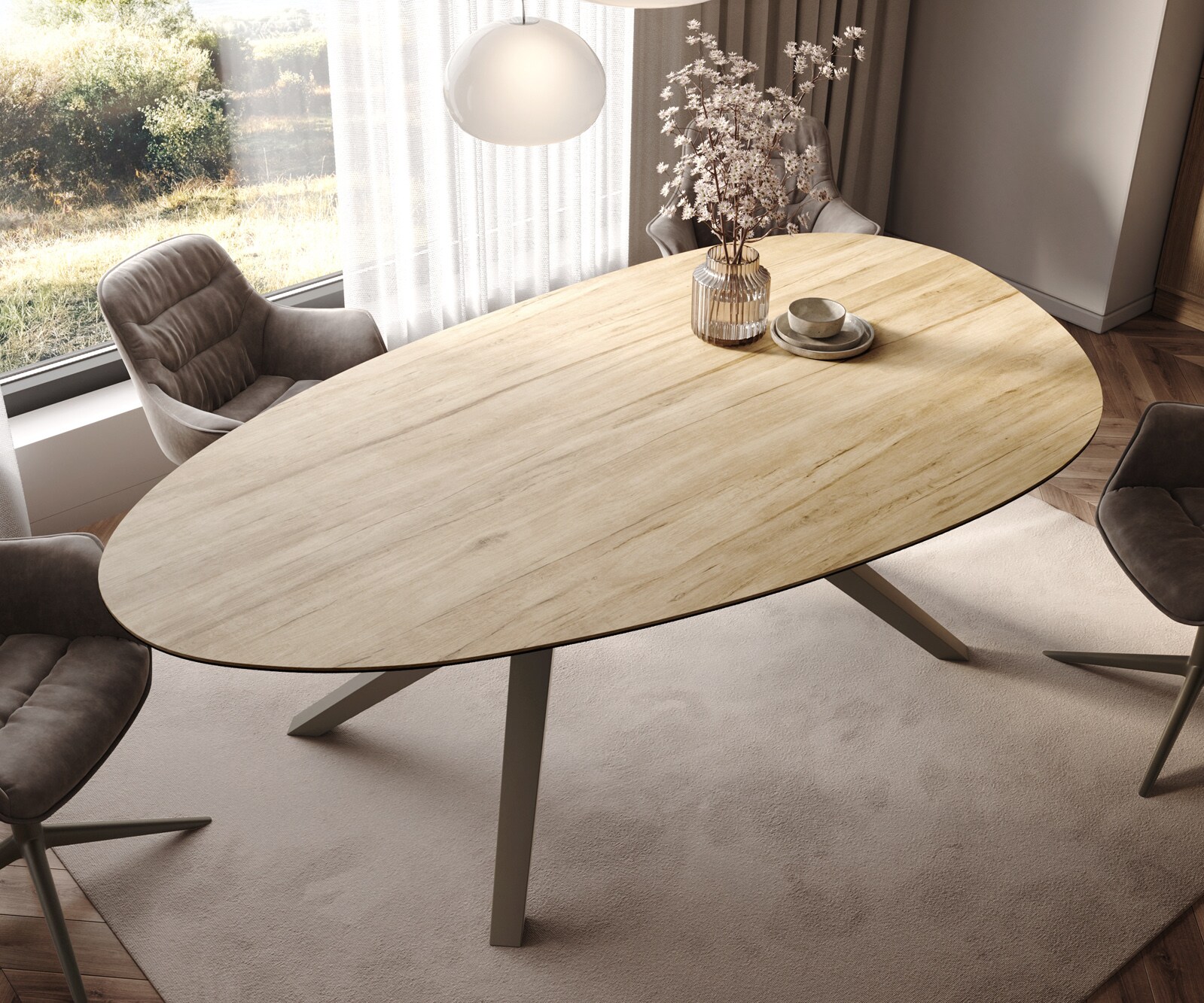 Table à manger Edge Ovale 220x120 Céramique Laminam® Sabbia Couleur chêne Zenthara anguleux Métal finition à effet Titane 4