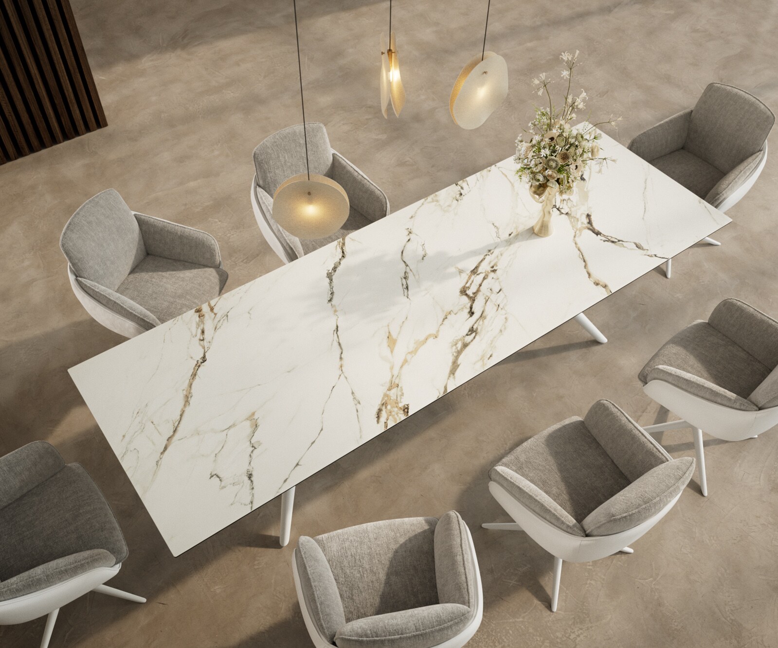 Table à manger Edge 300x100 Céramique Calacatta Luxe Blanc-Doré-Gris Estelar rond Métal Blanc 3