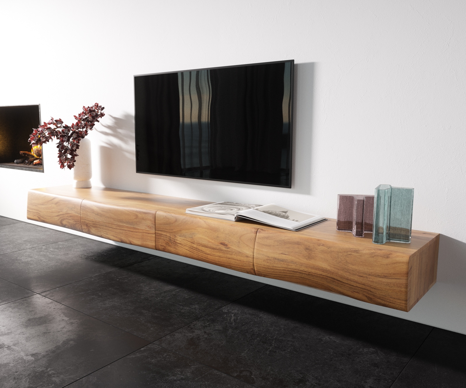 Meuble-TV New Live-Edge 240 cm acacia naturel 4 tiroirs flottants