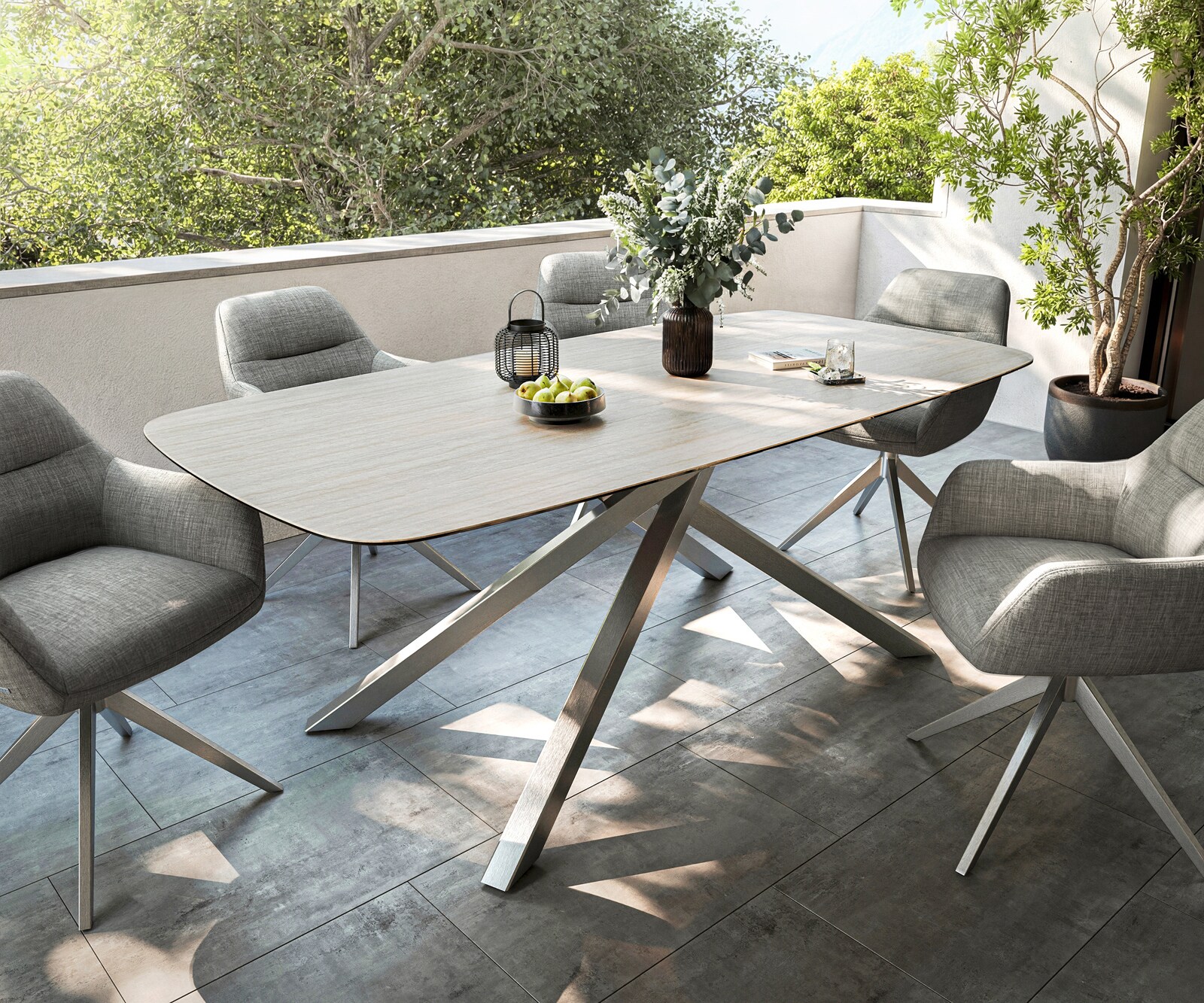 Table d’extérieur Edge Boot 200x100 cm céramique Laminam® Travertino Bianco blanc crème piètement croisé rectangulaire en acier inoxydable