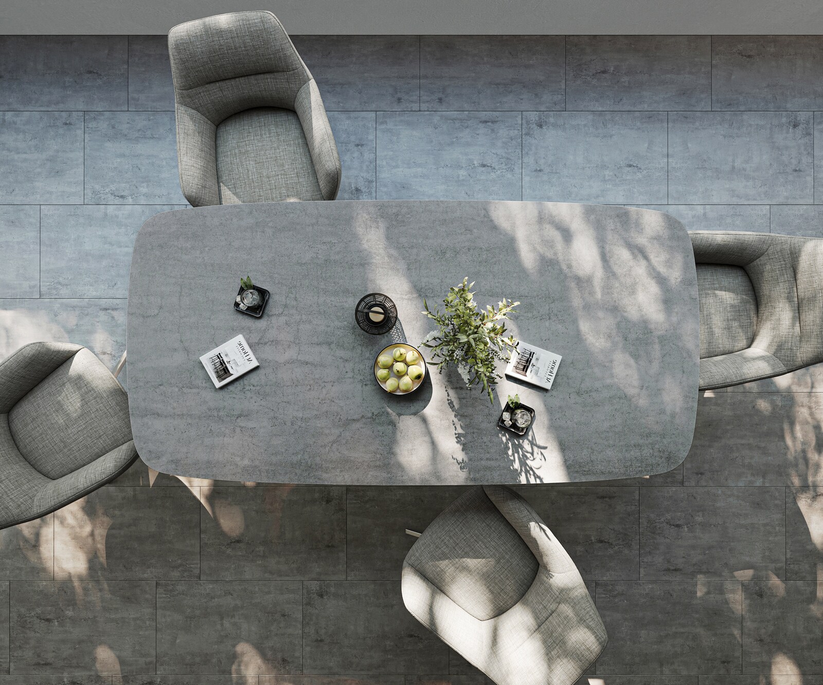 Table d’extérieur Edge bateau 200x100 cm céramique béton gris piètement croisé rectangulaire inox 6