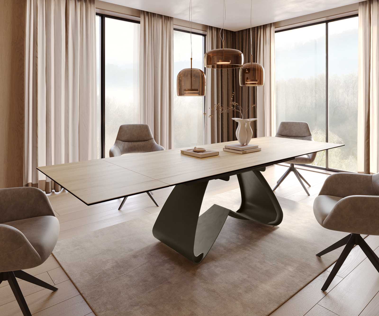 Table à manger Edge 200-300x100 Céramique Laminam® Sabbia Couleur chêne cadre en W Finition effet titane Extensible 1